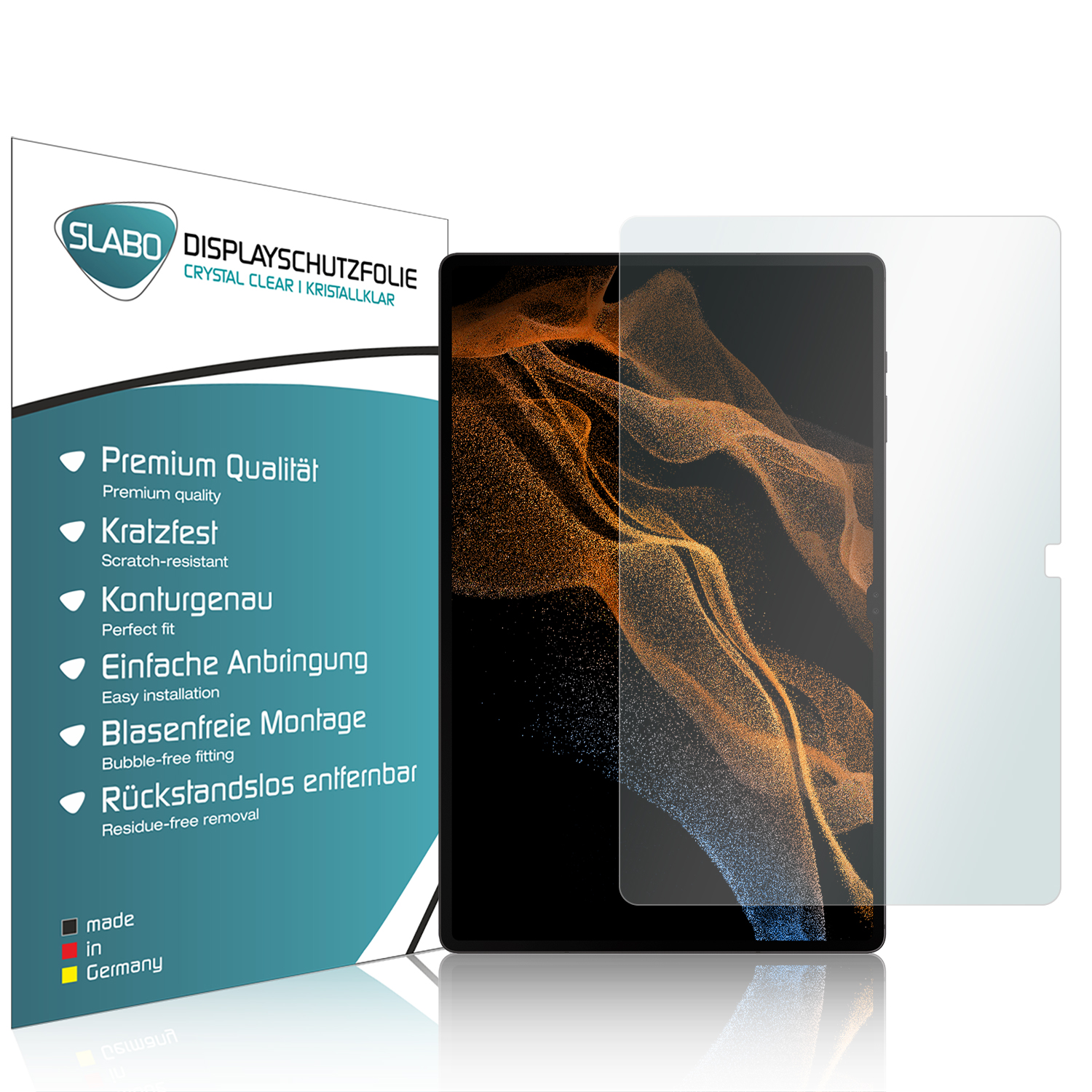 Tablet mit Displayschutz. Verpackung mit Produktdetails links. Weißer Hintergrund.