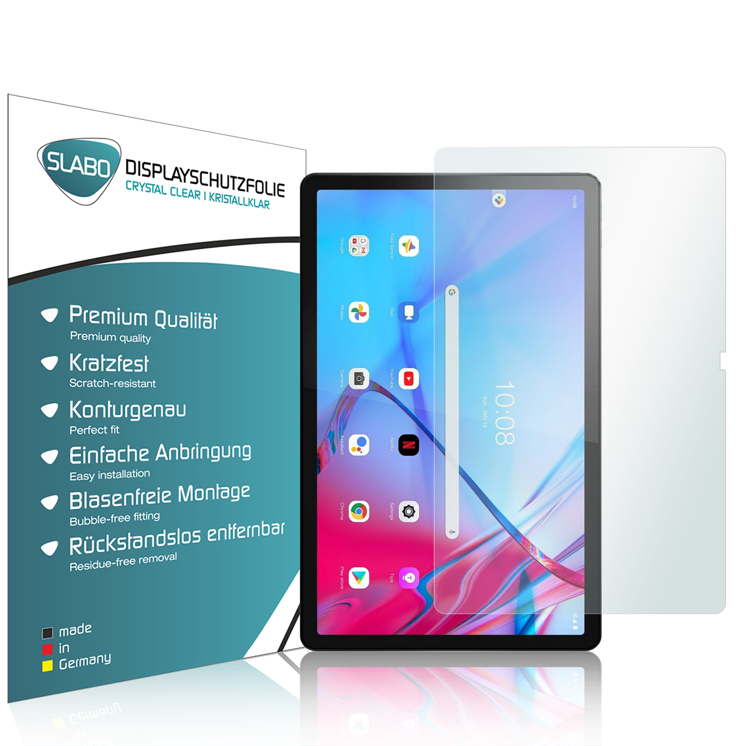 Ein Tablet mit Displayschutzfolie und eine Textbeschreibung des Produkts.