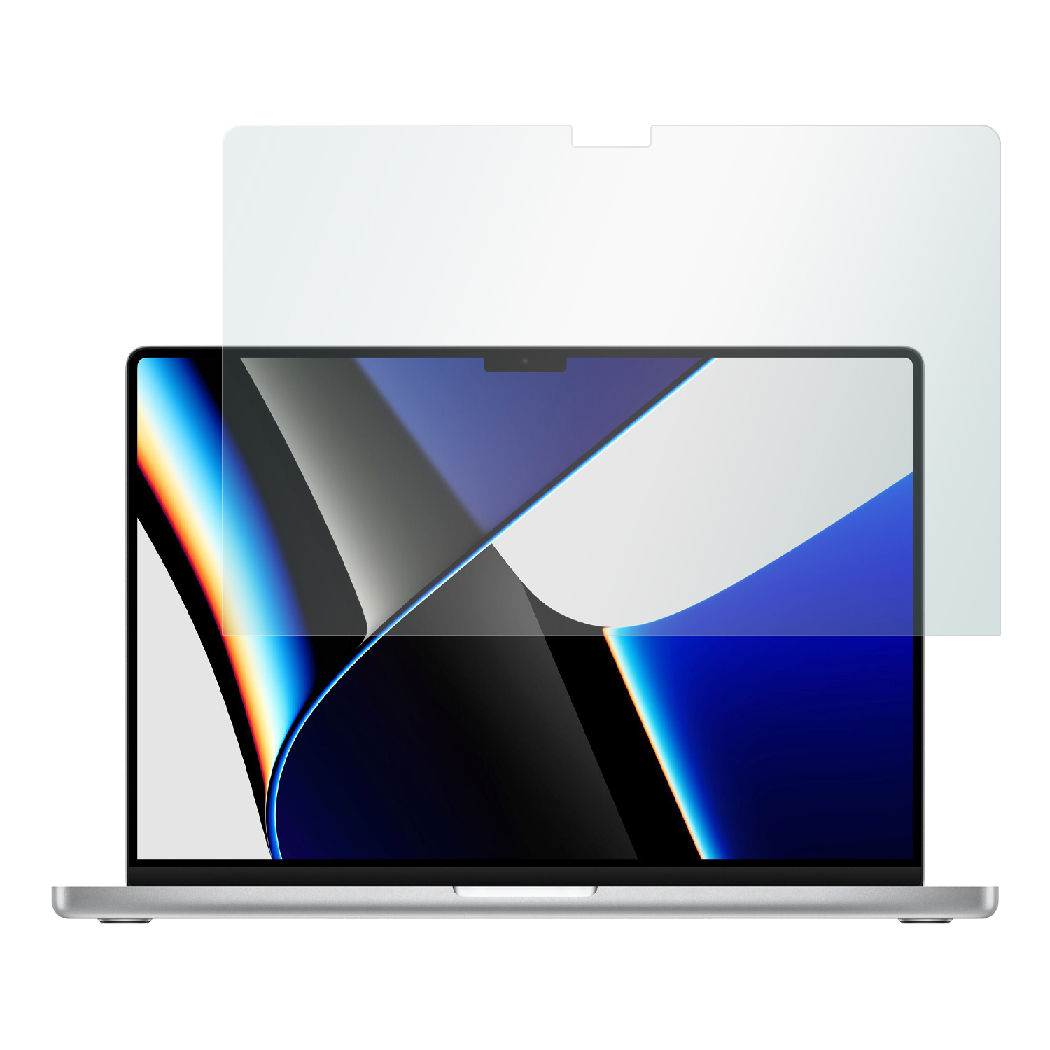 Laptop mit Displayschutz, zeigt einen blau-weißen abstrakten Hintergrund.