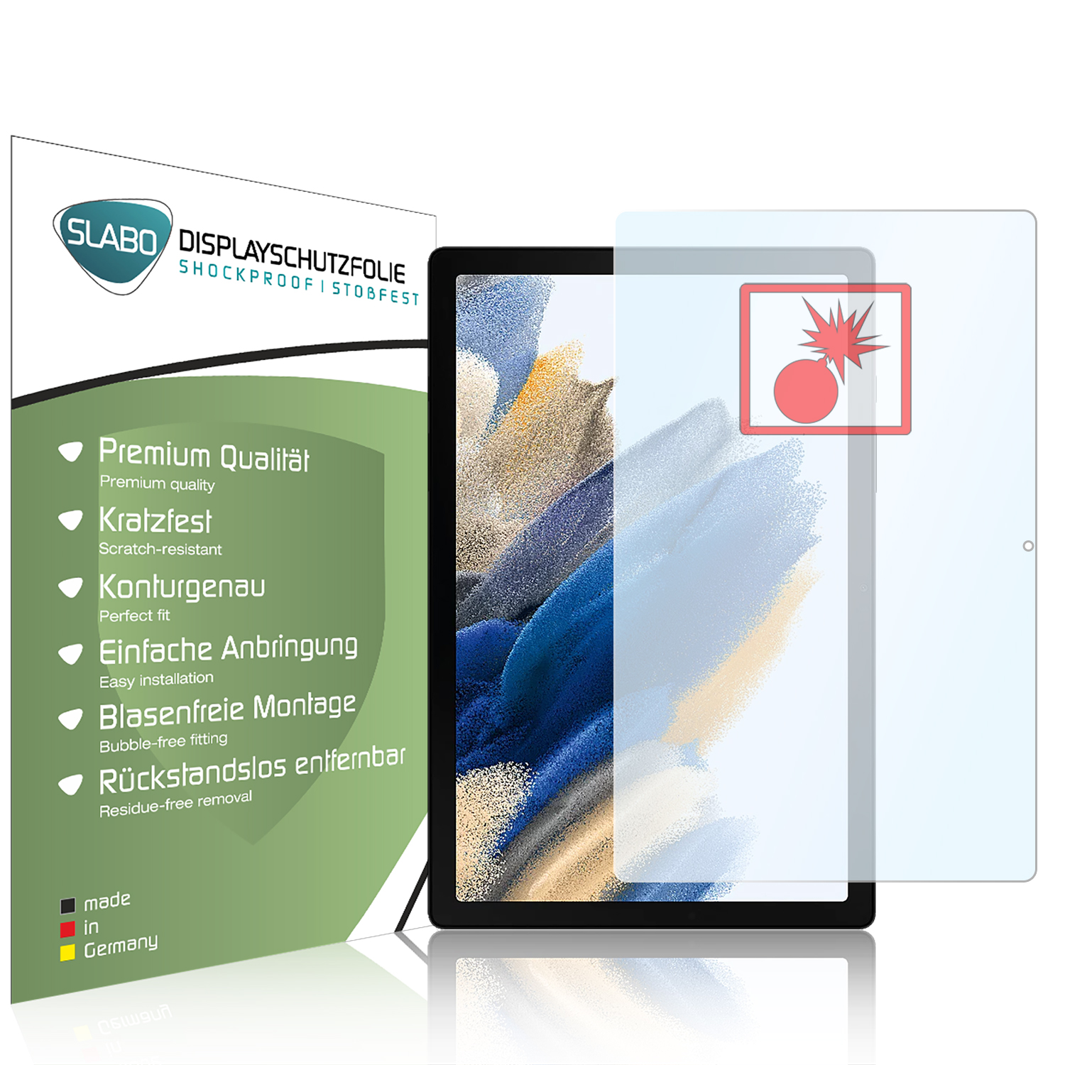 Tablet mit Displayschutz, eine Box mit Produktdetails und rotem Explosionssymbol in der Ecke.