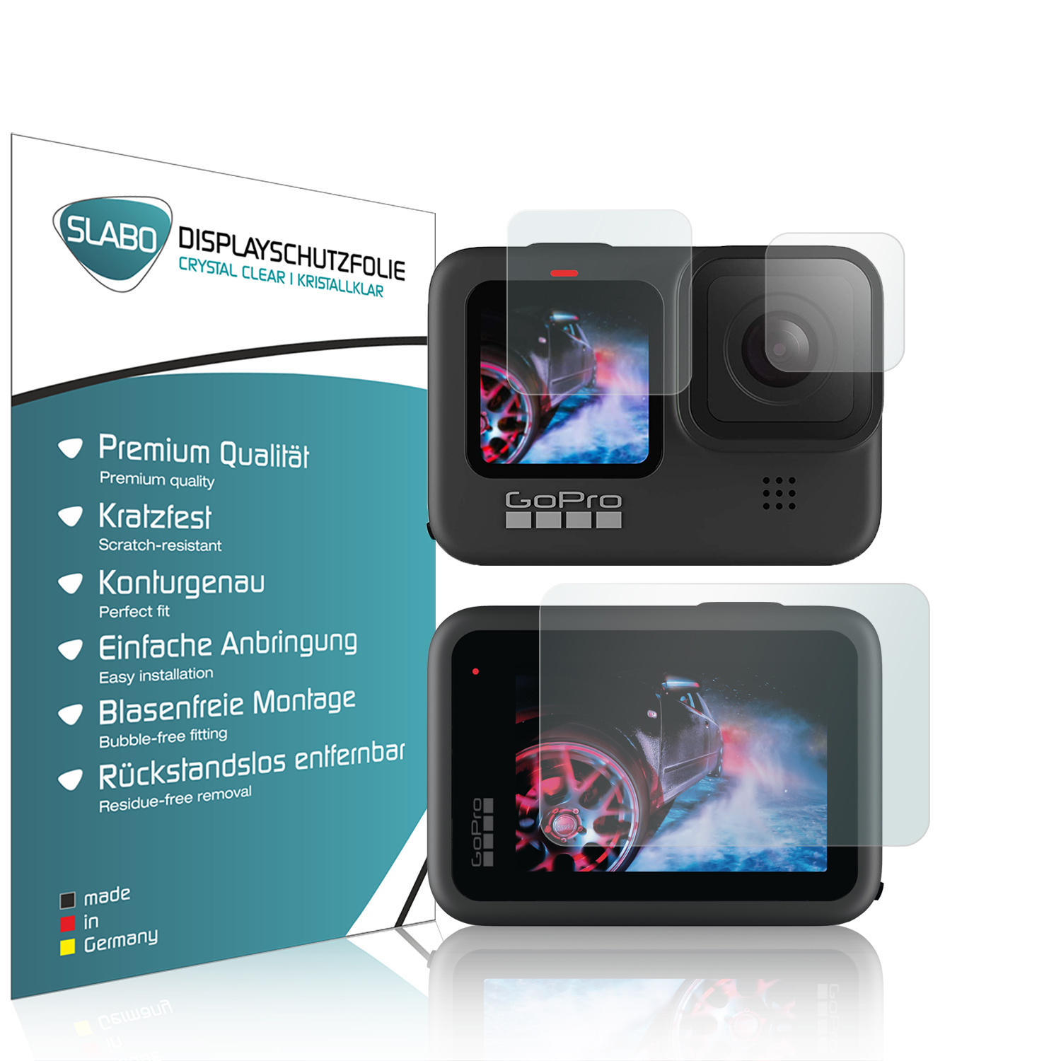 GoPro-Kameras mit Displayschutzfolien. Text beschreibt Funktionen: Premium, kratzfest, perfekte Passform, einfache Installation.