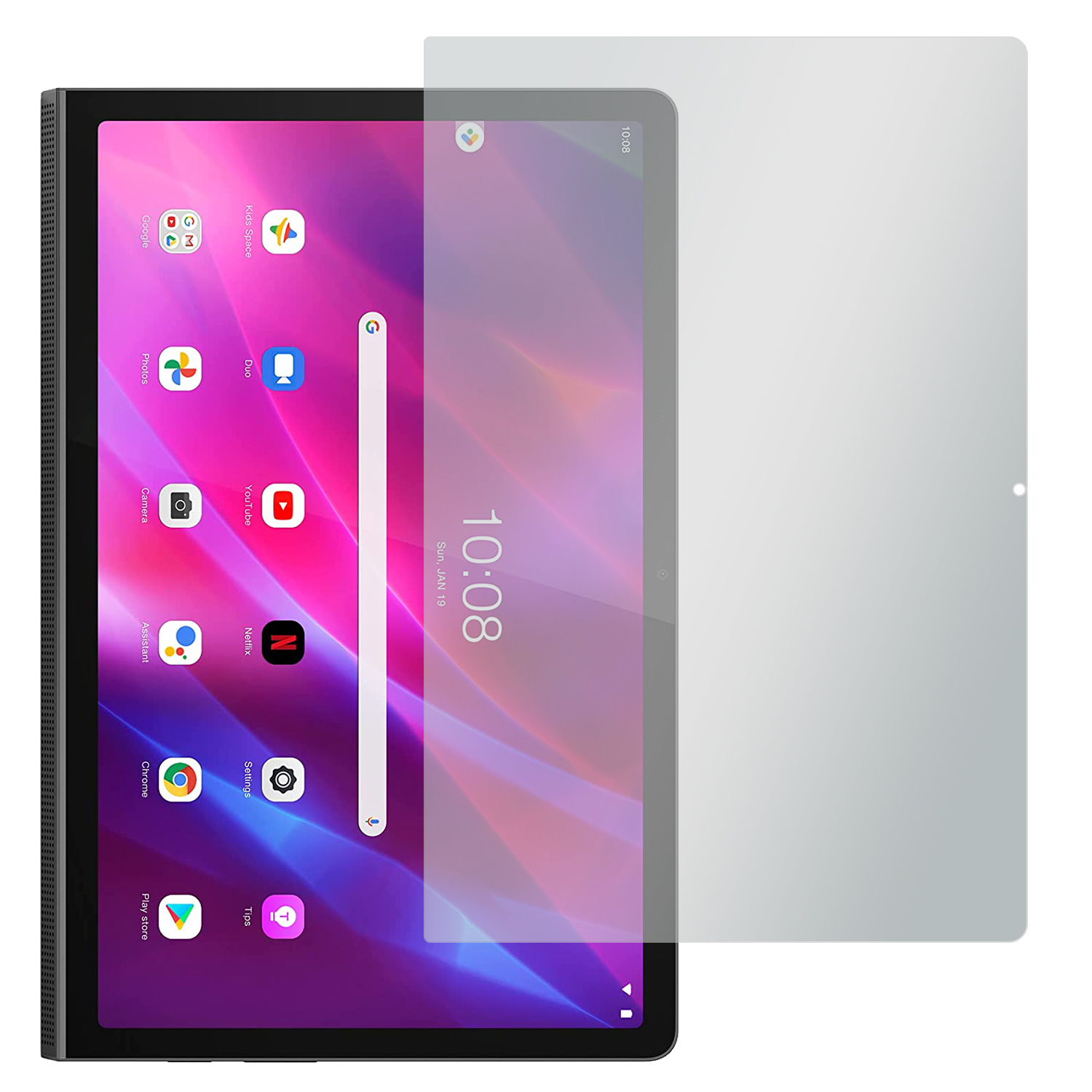 Tablet mit Displayschutz. Der Bildschirm zeigt eine Oberfläche mit App-Symbolen und einer Suchleiste.