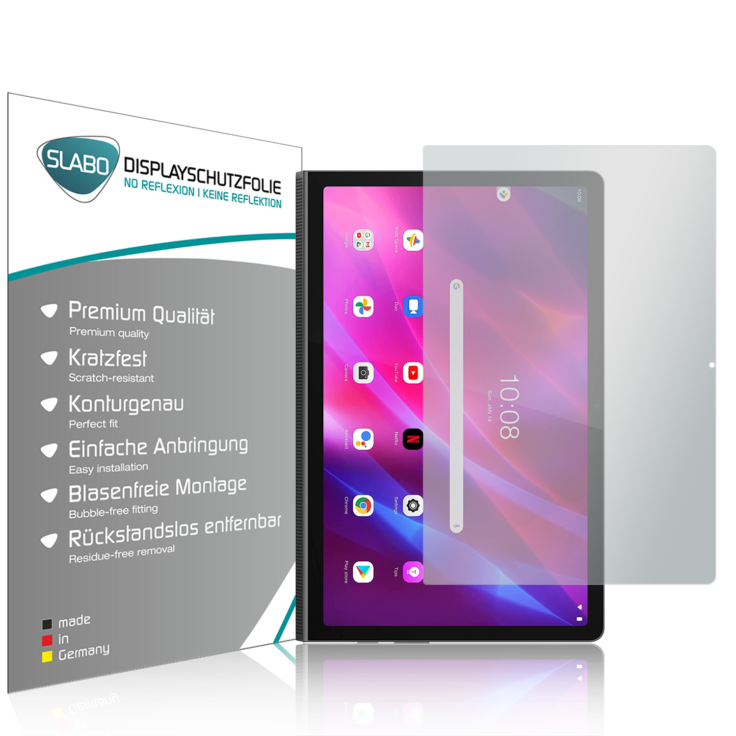 Ein Tablet mit Displayschutzfolie. Der Bildschirm zeigt Apps, die Folie ist rechts.