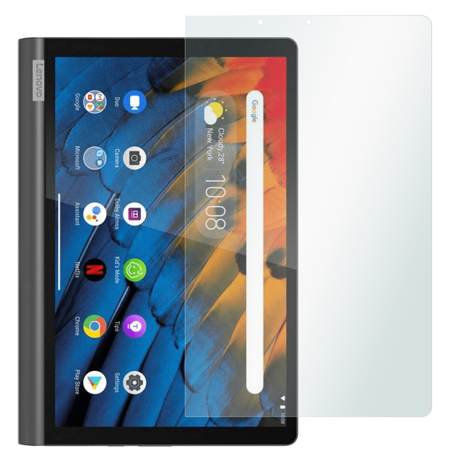Ein Tablet mit Displayschutzfolie. Der Bildschirm zeigt Apps und die Uhrzeit: 10:08, in New York.