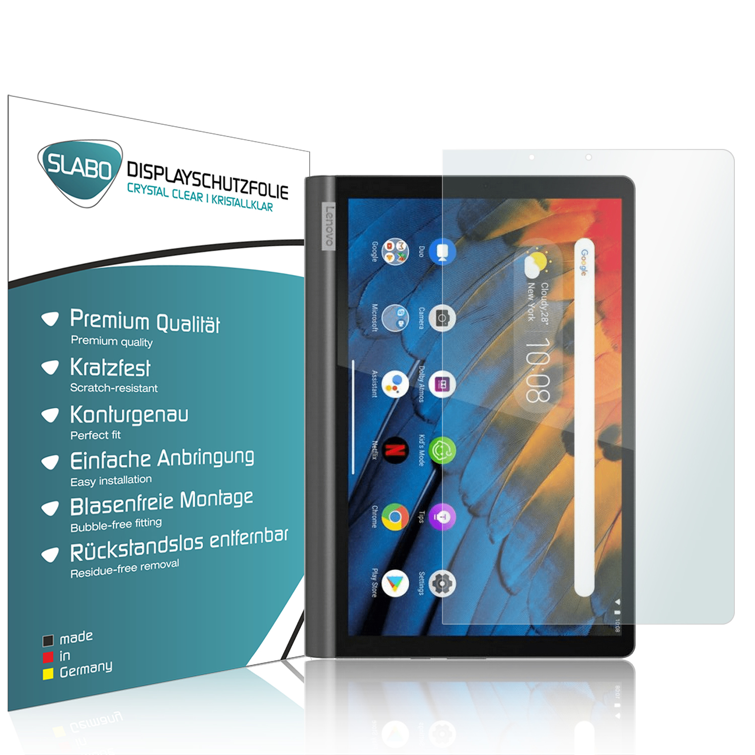 Ein Tablet mit Displayschutzfolie neben der Verpackung mit Produktdetails.