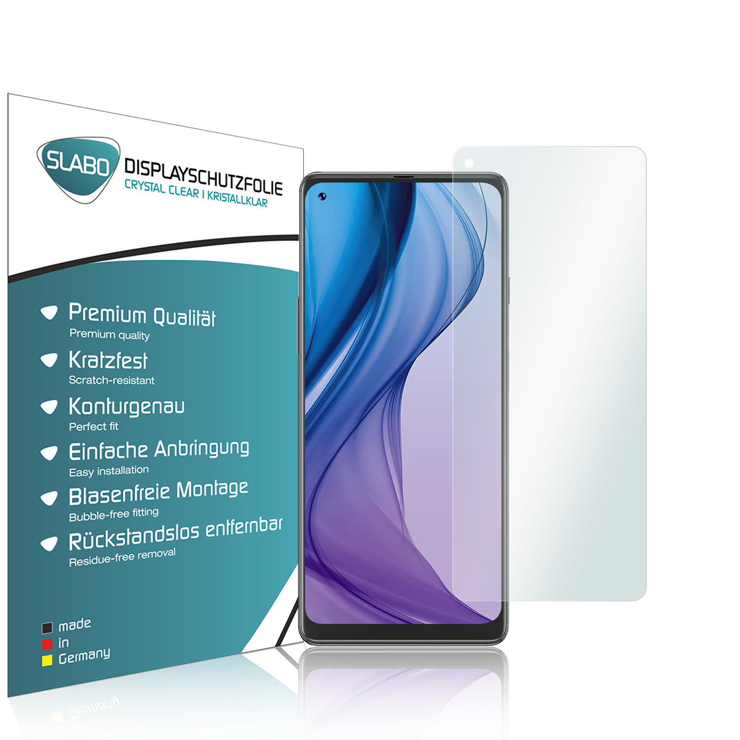 Ein Smartphone neben einer Displayschutzverpackung. Der Schutz ist transparent.
