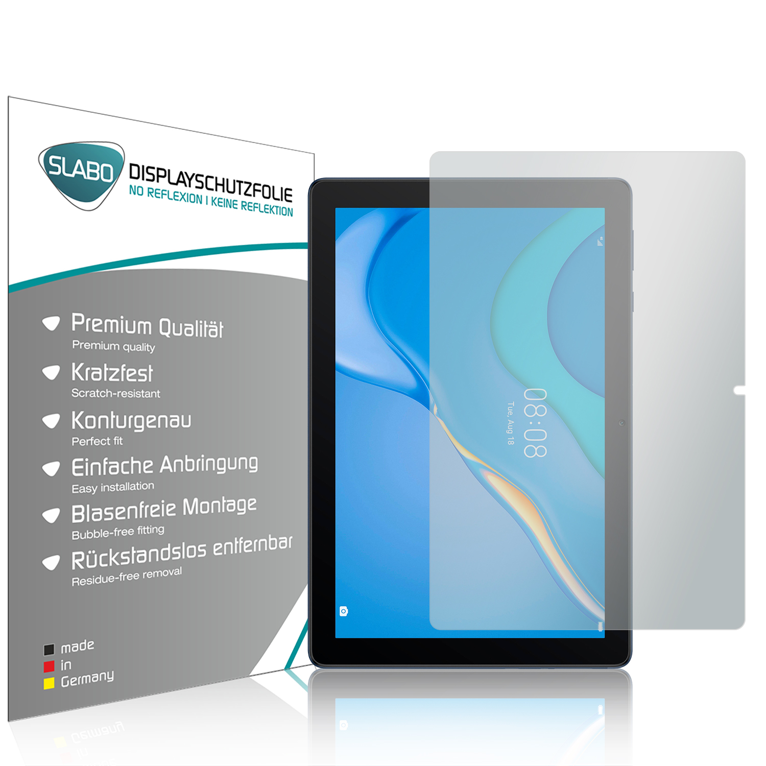 Tablet mit Displayschutzfolie. Weiße Verpackung mit Text links.