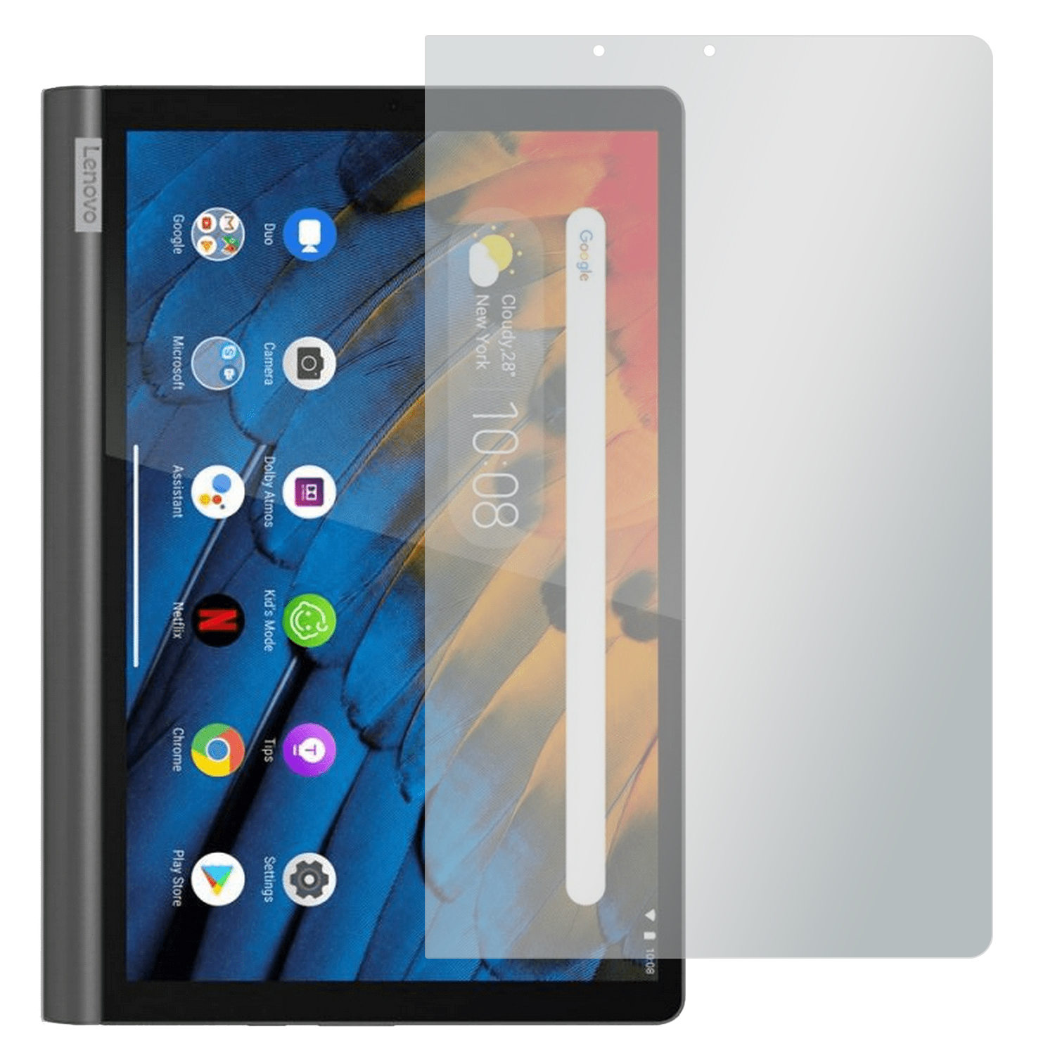 Tablet mit Displayschutz, zeigt App-Symbole und Uhrzeit. Das Tablet ist schwarz.
