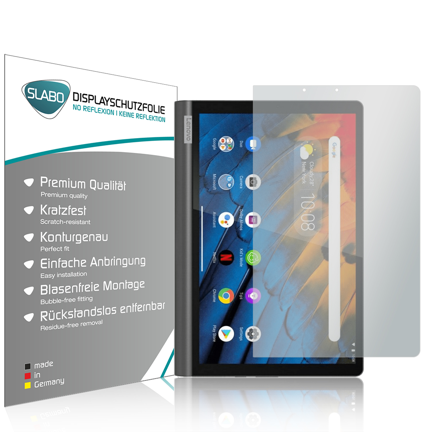 Ein Tablet mit Displayschutzfolie. Der Bildschirm zeigt eine digitale Oberfläche mit Apps und Symbolen.