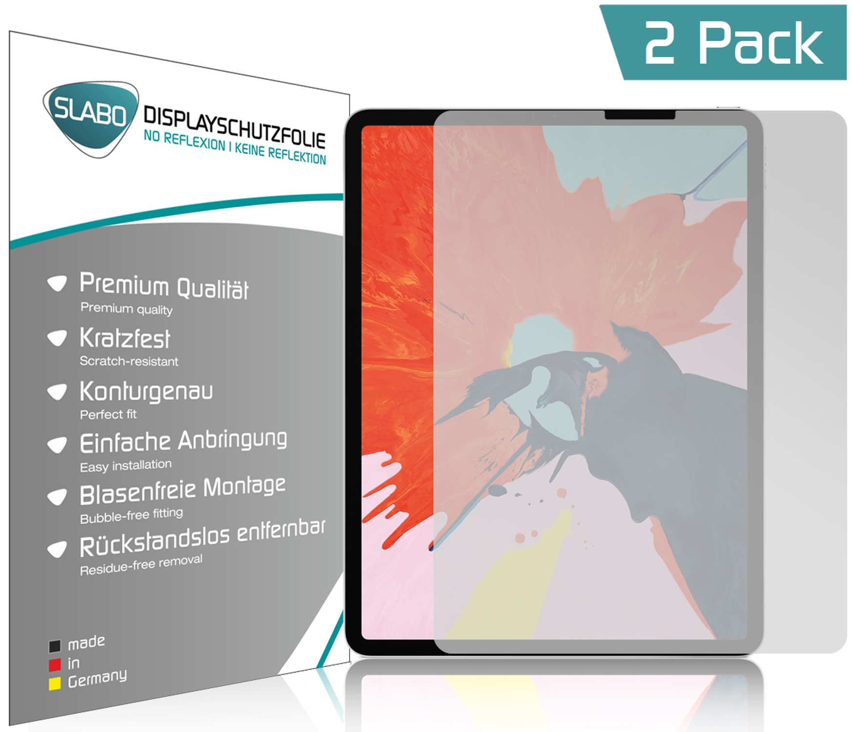 Tablet und Displayschutzfolie mit Box. Die Folie ist auf dem Tablet-Bildschirm angebracht.