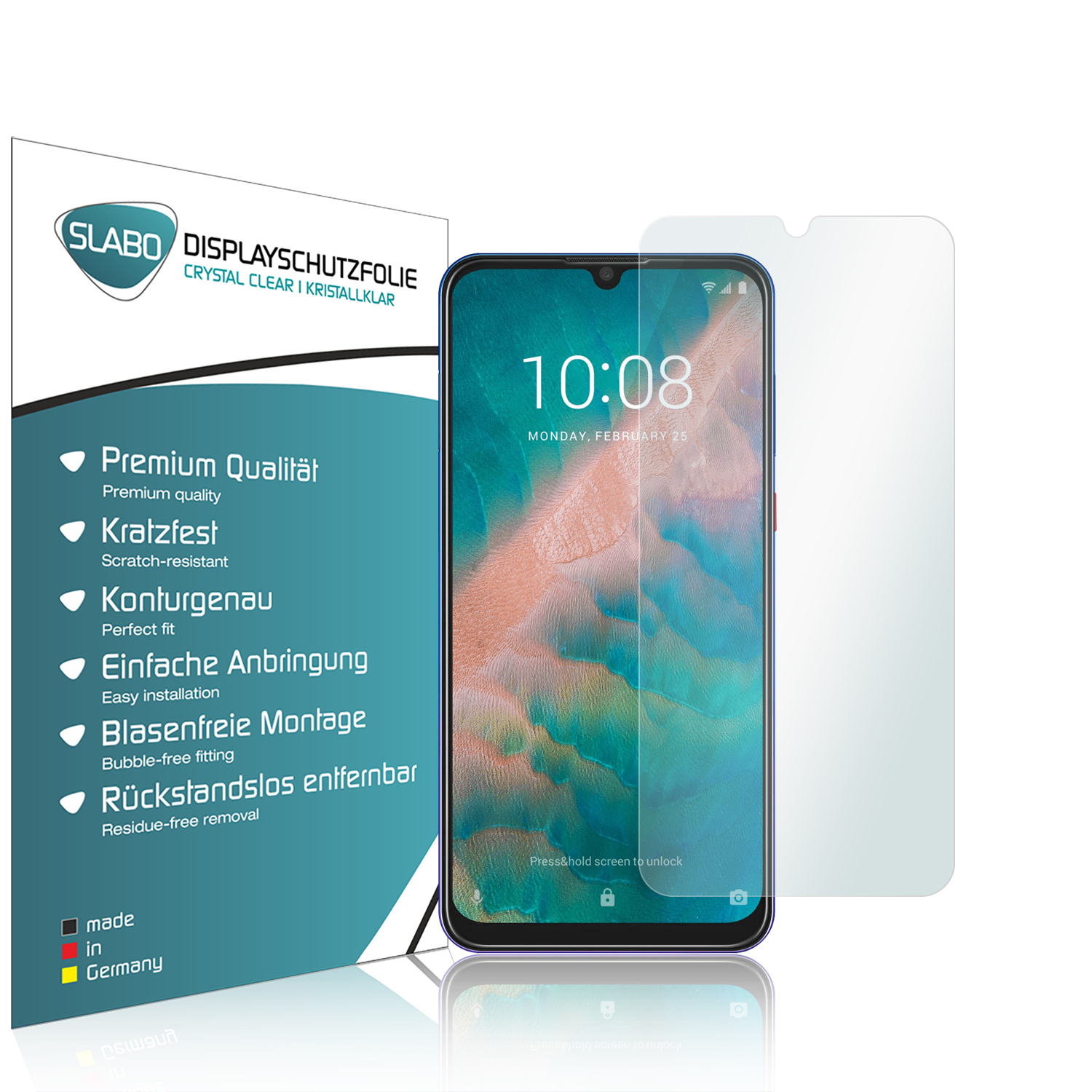 Telefon mit Displayschutzfolie und Box. Der Schutz ist auf dem Bildschirm angebracht.