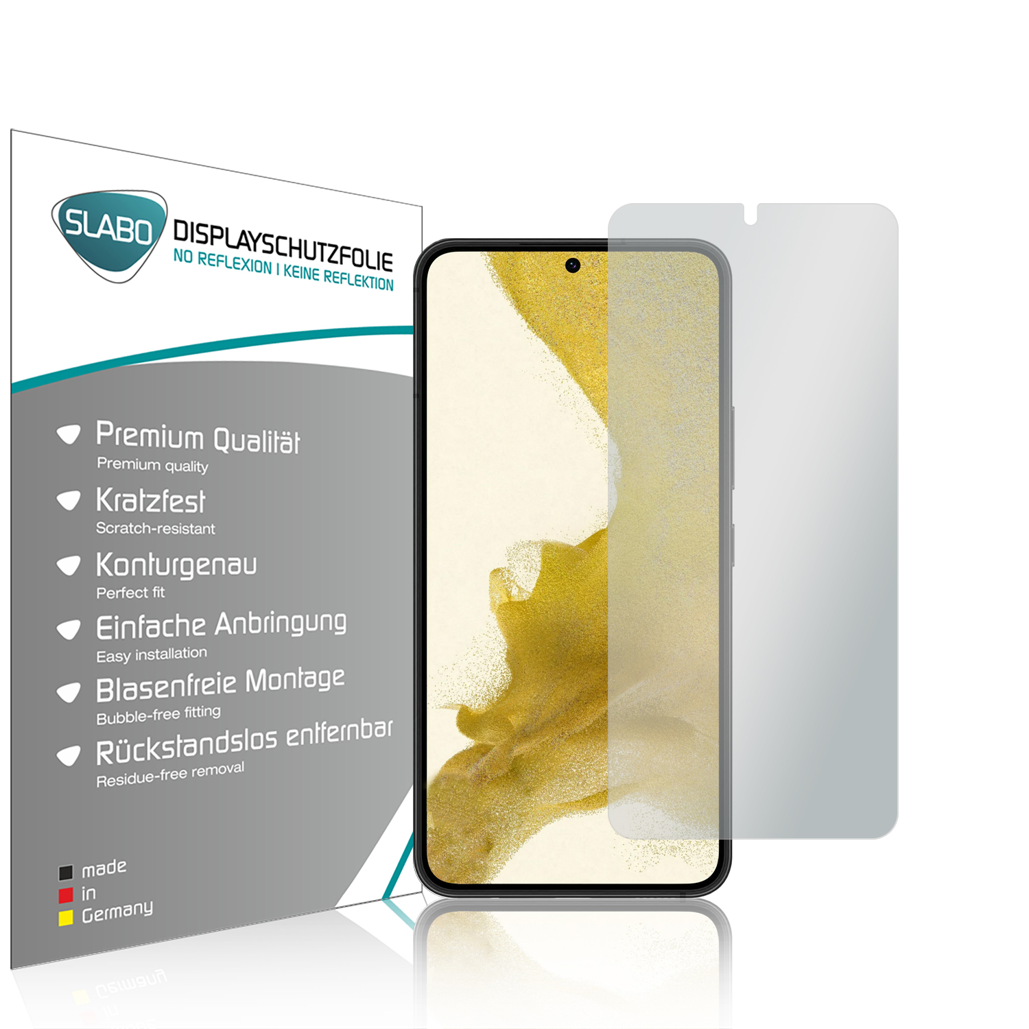 Ein Displayschutz für ein Telefon, mit einem Telefon auf der rechten Seite und einer Verpackung links.