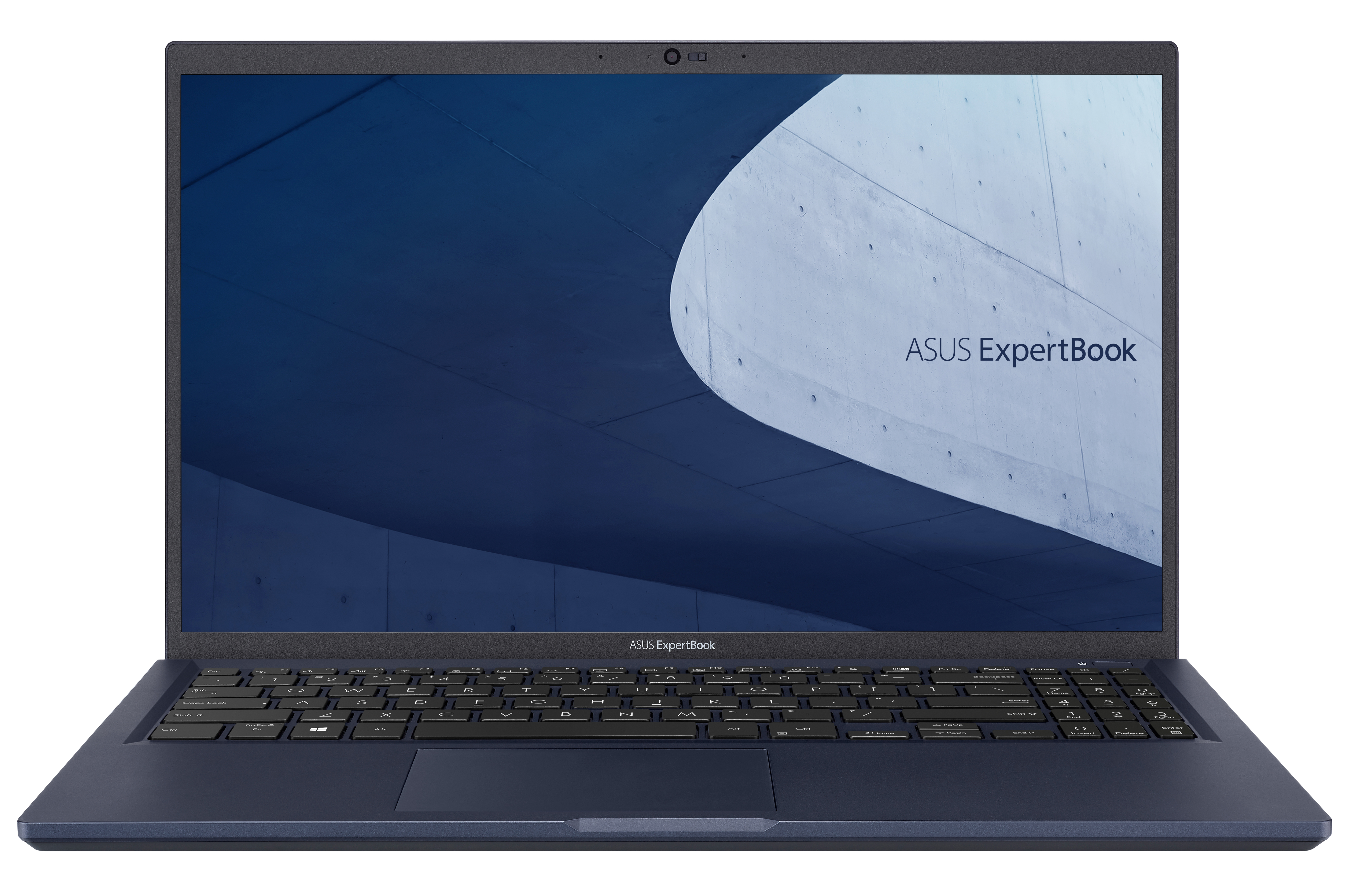 Zamknięty granatowy laptop z logo ASUS ExpertBook na ekranie.