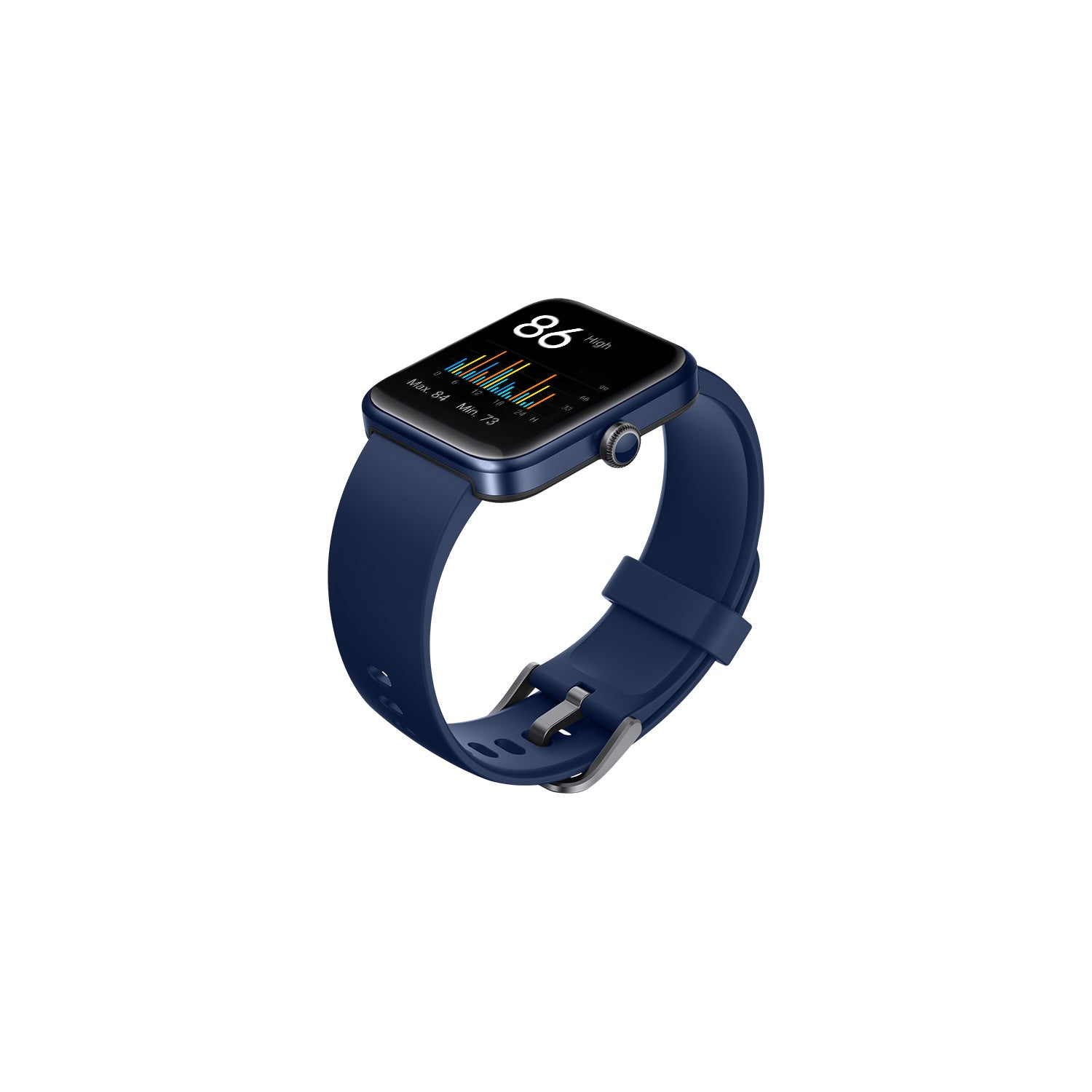 Un reloj inteligente azul que muestra un gráfico de frecuencia cardíaca sobre un fondo blanco.