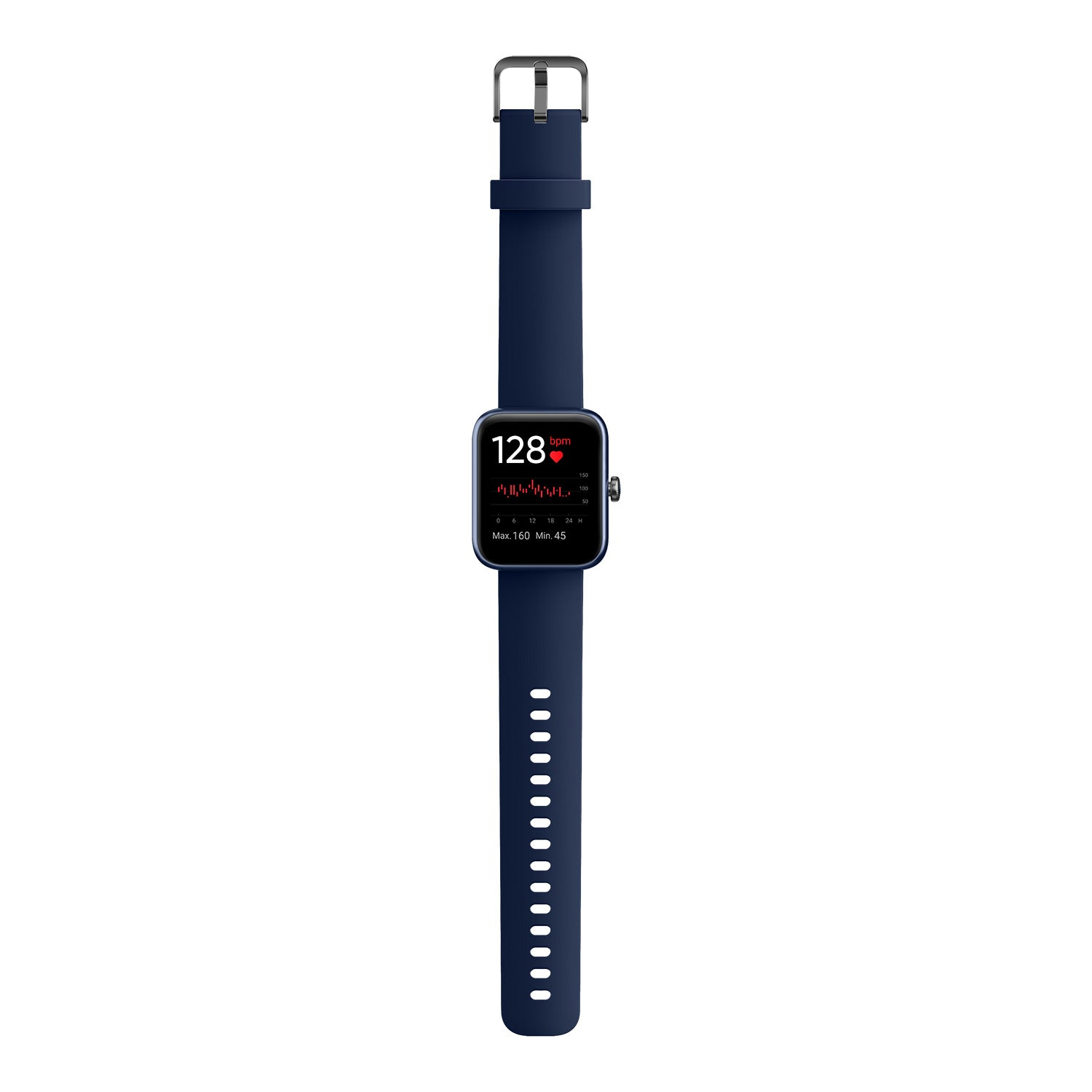 Un reloj inteligente azul marino con pantalla que muestra 128 bpm de frecuencia cardíaca y un gráfico.
