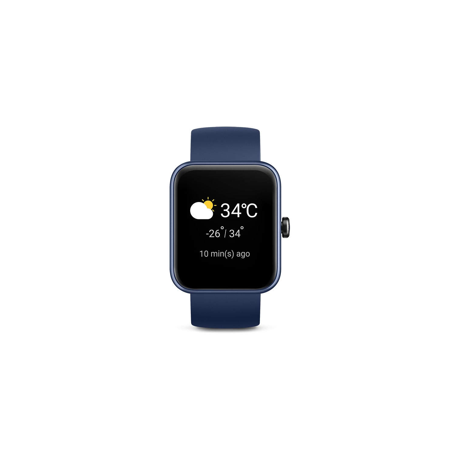 Un reloj inteligente azul muestra el clima: 34°C, -26°/34°, y hace 10 min.