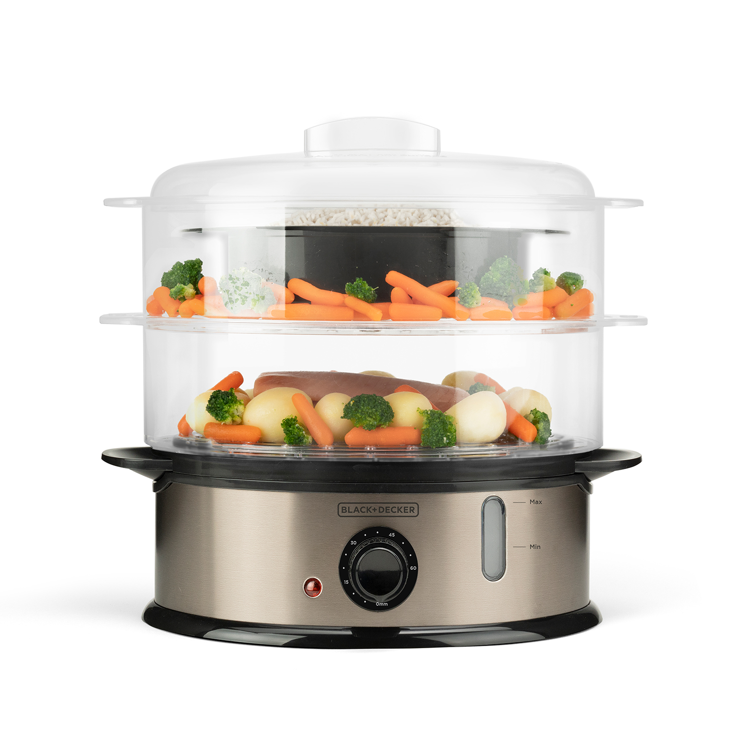 Una vaporiera Black+Decker con due livelli trasparenti. All'interno ci sono verdure e riso.