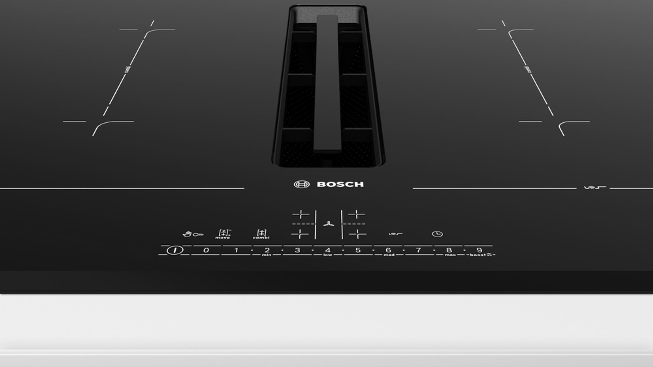 Encimera Bosch negra con controles táctiles y ventilación integrada.