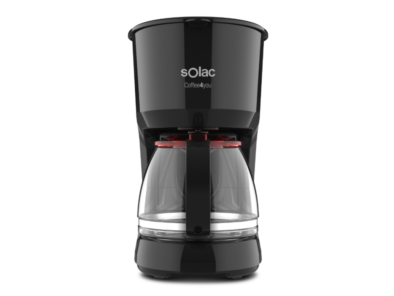 Czarny ekspres do kawy Solac ze szklaną karafką. Nazwa marki i modelu z przodu.