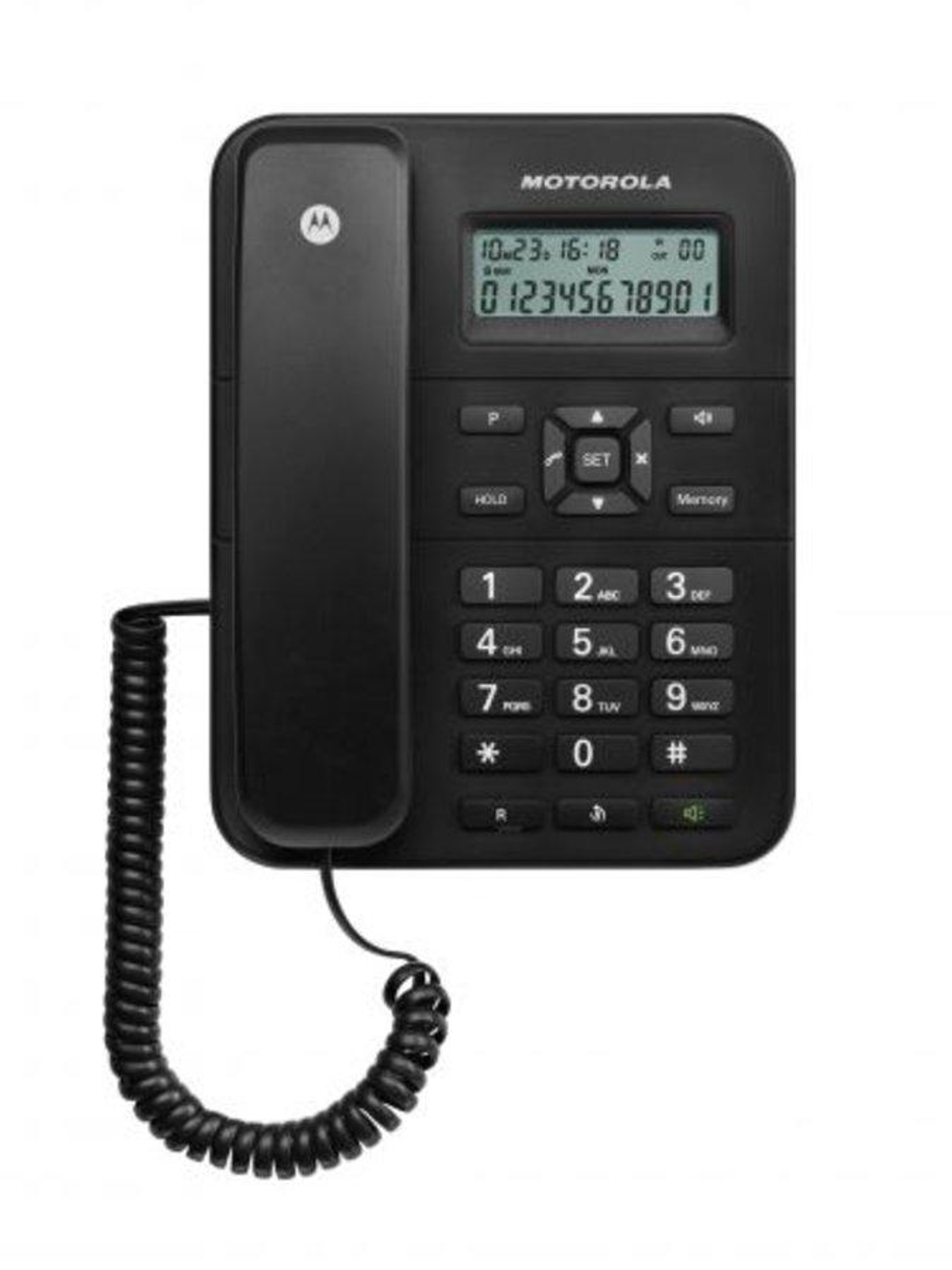Teléfono Motorola negro con pantalla y teclado.