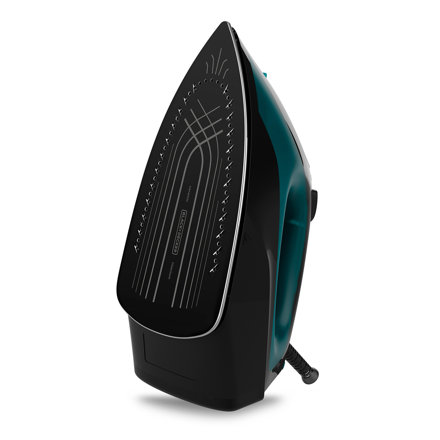 Czarne żelazko z ceramiczną stopą i turkusowymi akcentami.