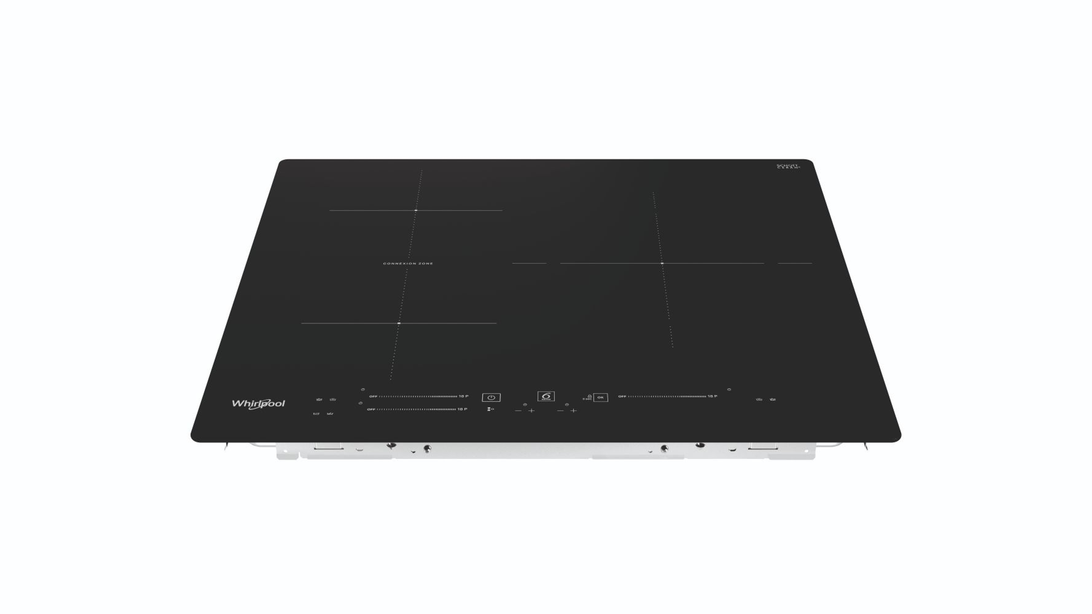 Czarna płyta indukcyjna z czterema palnikami i sterowaniem dotykowym, białe tło.