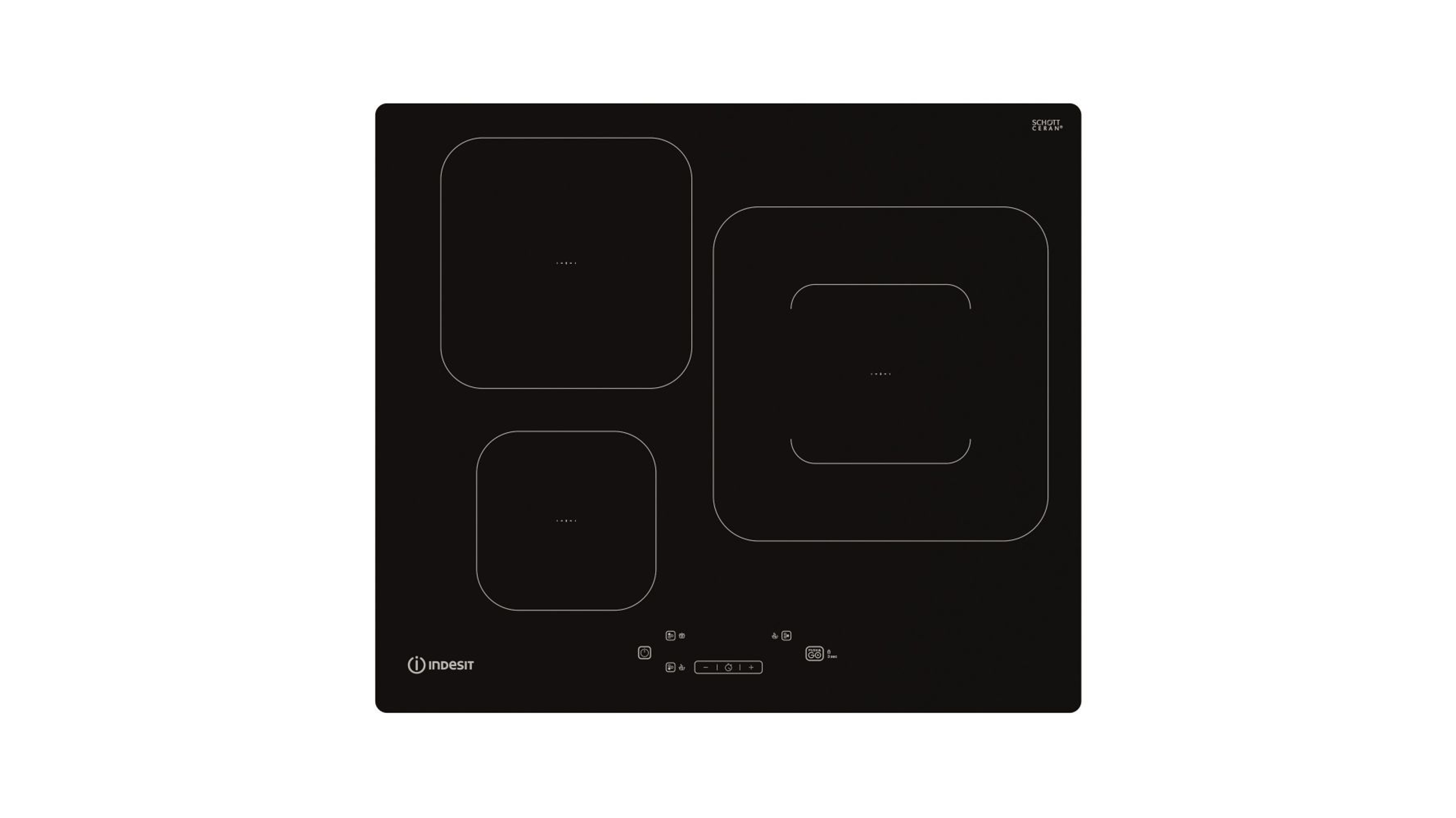 Placa de inducción negra con tres zonas de cocción. La marca 'indesit' es visible abajo a la izquierda.