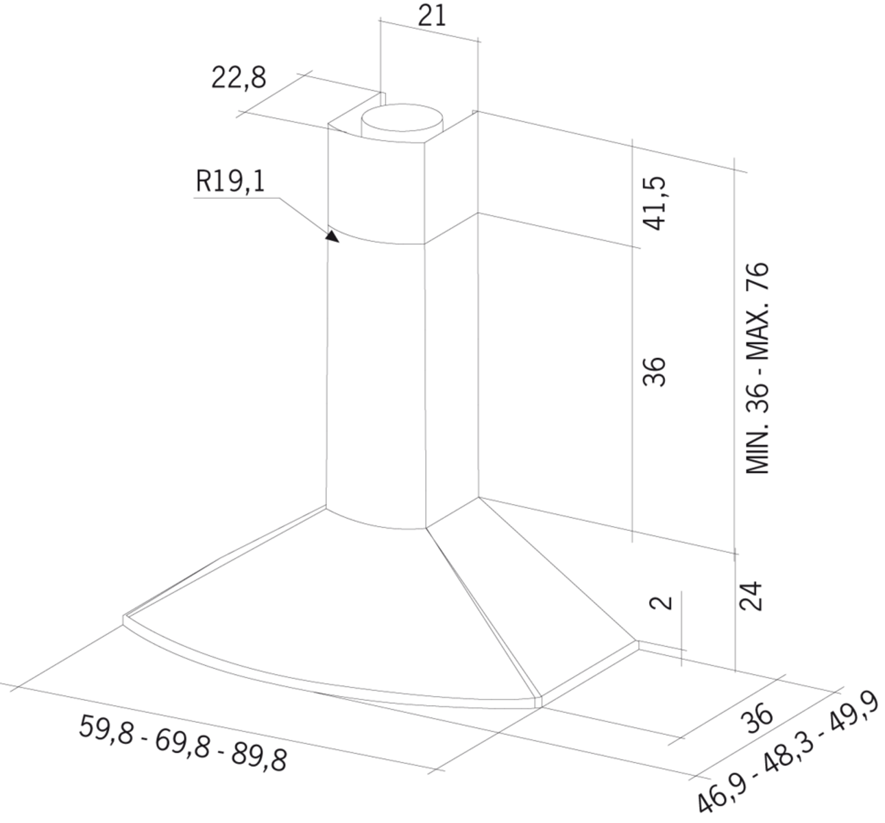 Diagrama de una campana extractora con dimensiones en milímetros. La campana es blanca con parte superior negra.