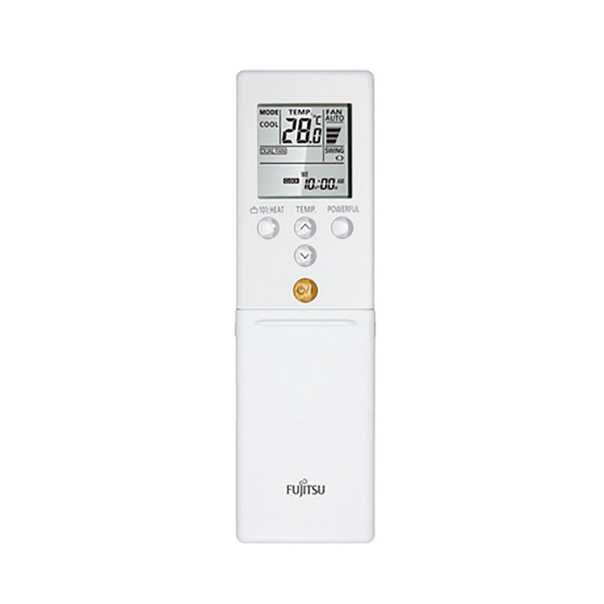 Mando a distancia blanco de aire acondicionado Fujitsu con pantalla y botones.