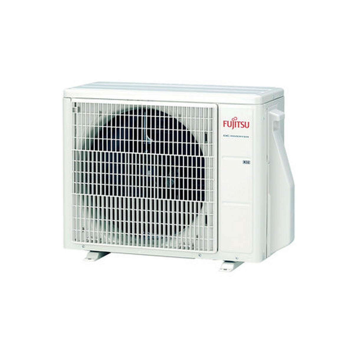 Unidad exterior de aire acondicionado Fujitsu blanca. Tiene una rejilla de ventilador y está montada en una pared blanca.