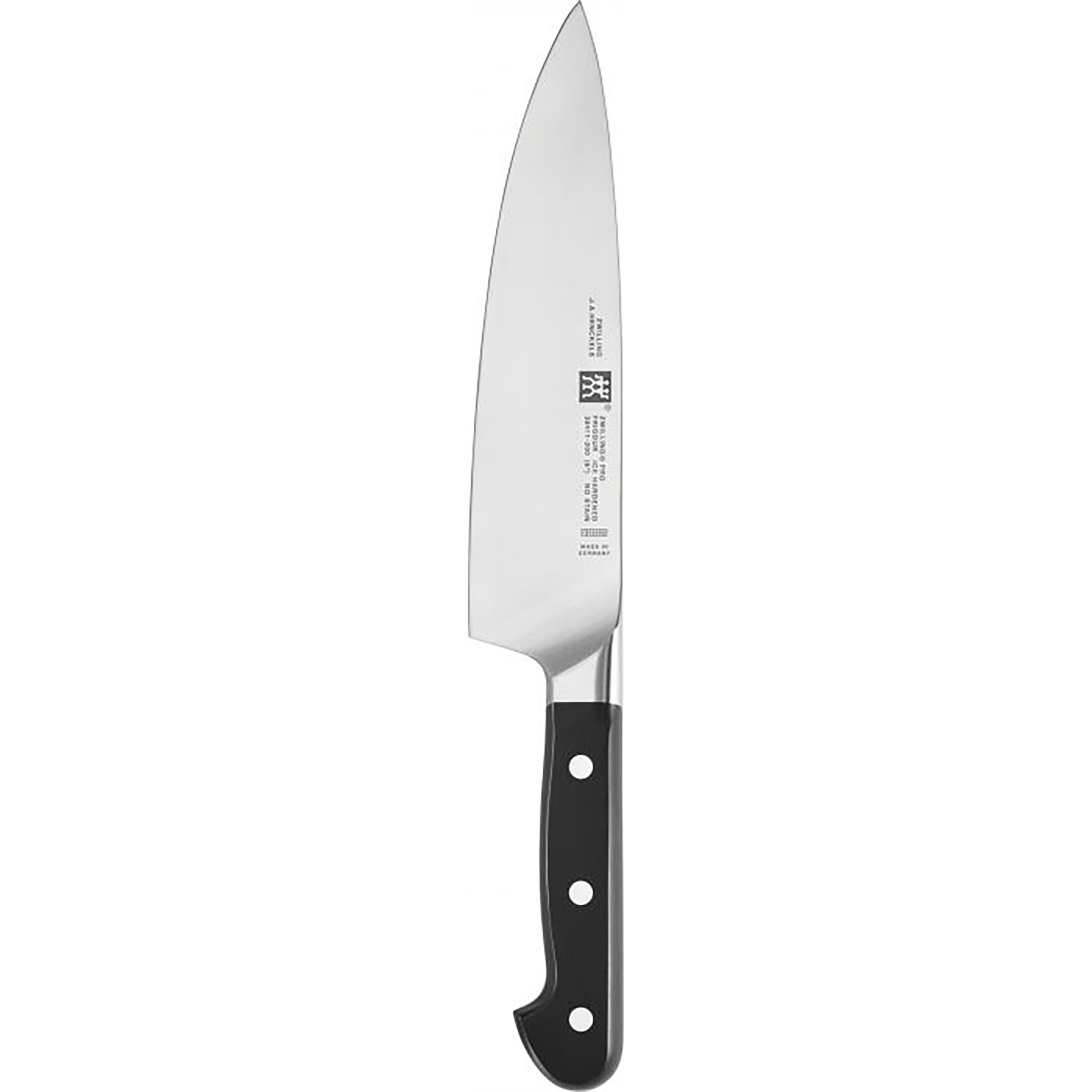 Un coltello da chef in acciaio inossidabile con manico nero. La lama è lunga e affusolata. Contro uno sfondo bianco.