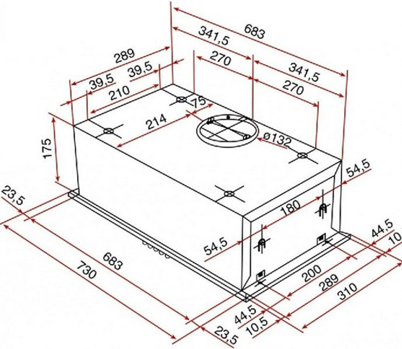 Diagram okapu kuchennego, pokazujący wymiary do instalacji i projektu.