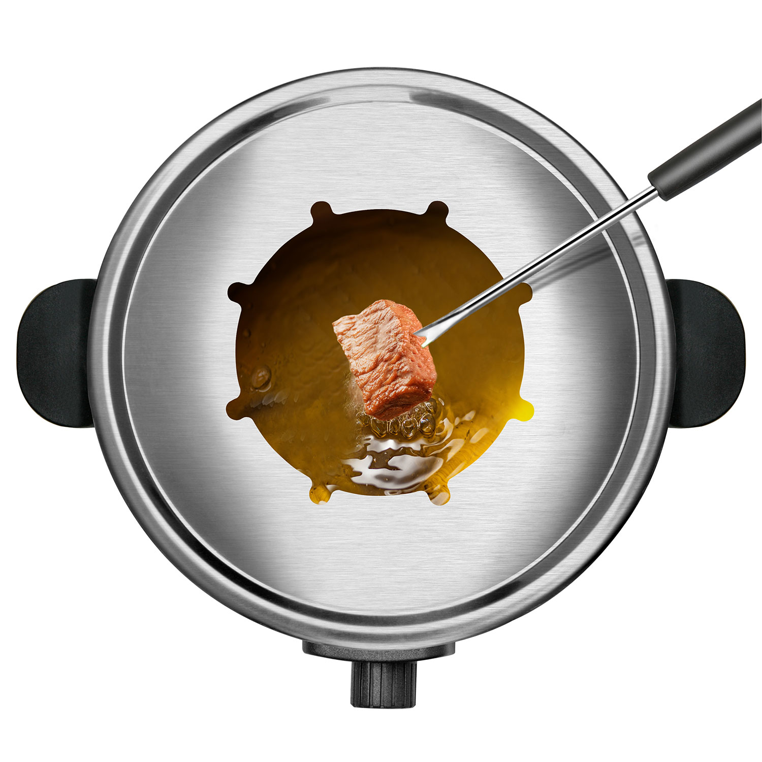 Vista cenital de una olla de fondue con un trozo de carne sumergido en aceite caliente.