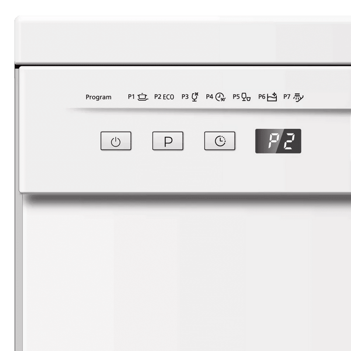Primer plano del panel de control de un lavavajillas blanco con opciones de programa.