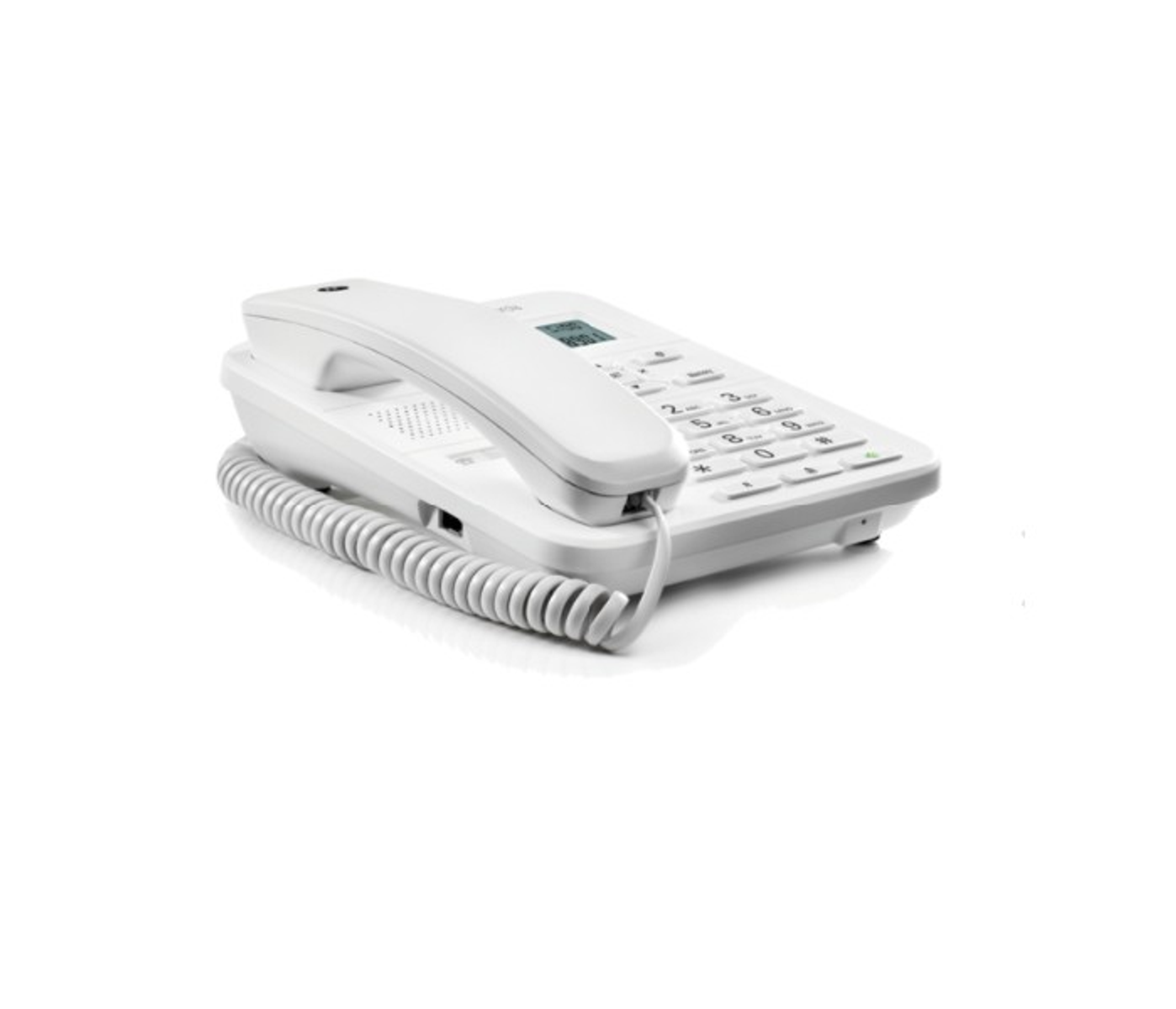 Un teléfono fijo blanco con base y auricular, sobre una superficie blanca.