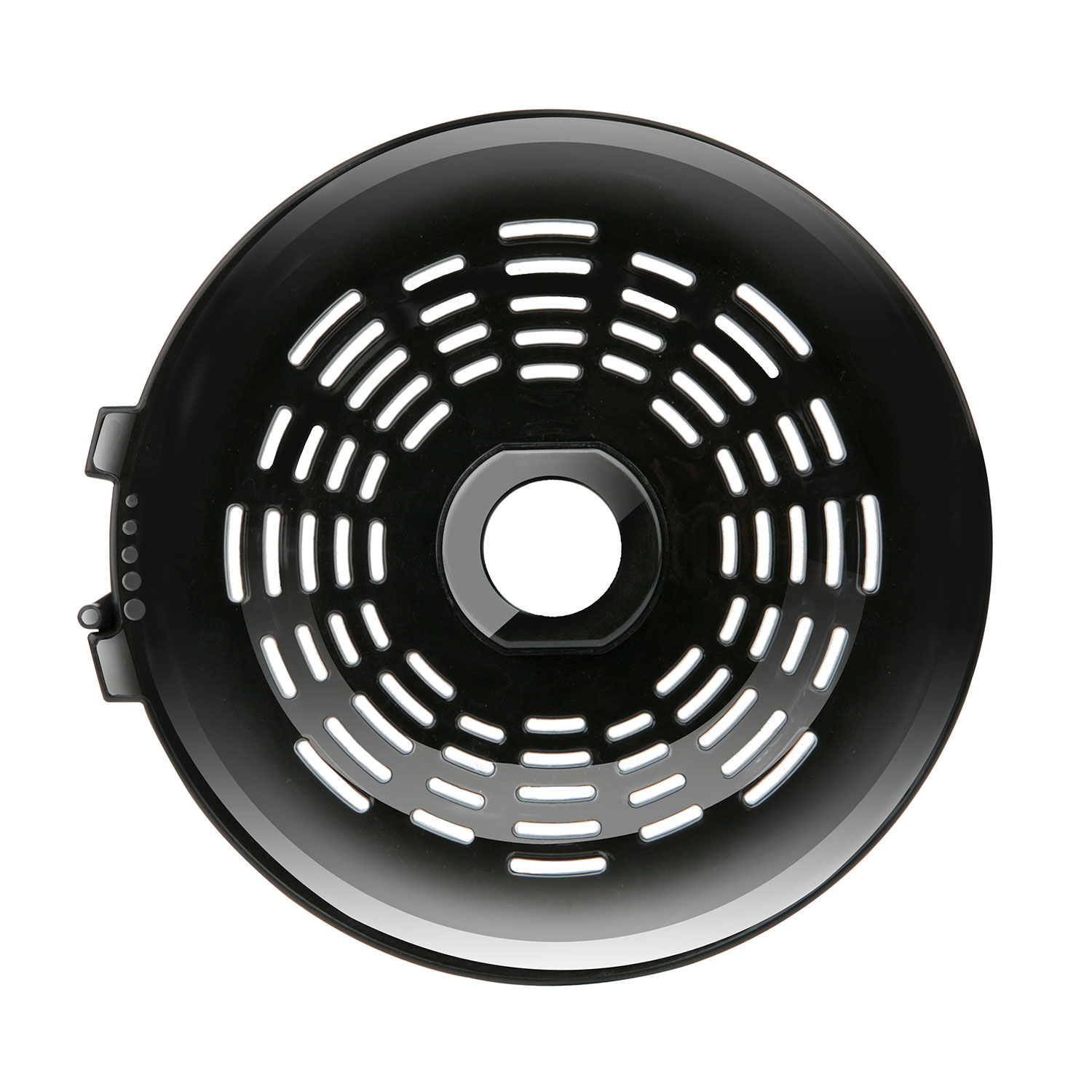 Czarna, okrągła osłona wentylatora z wieloma otworami. Białe tło.