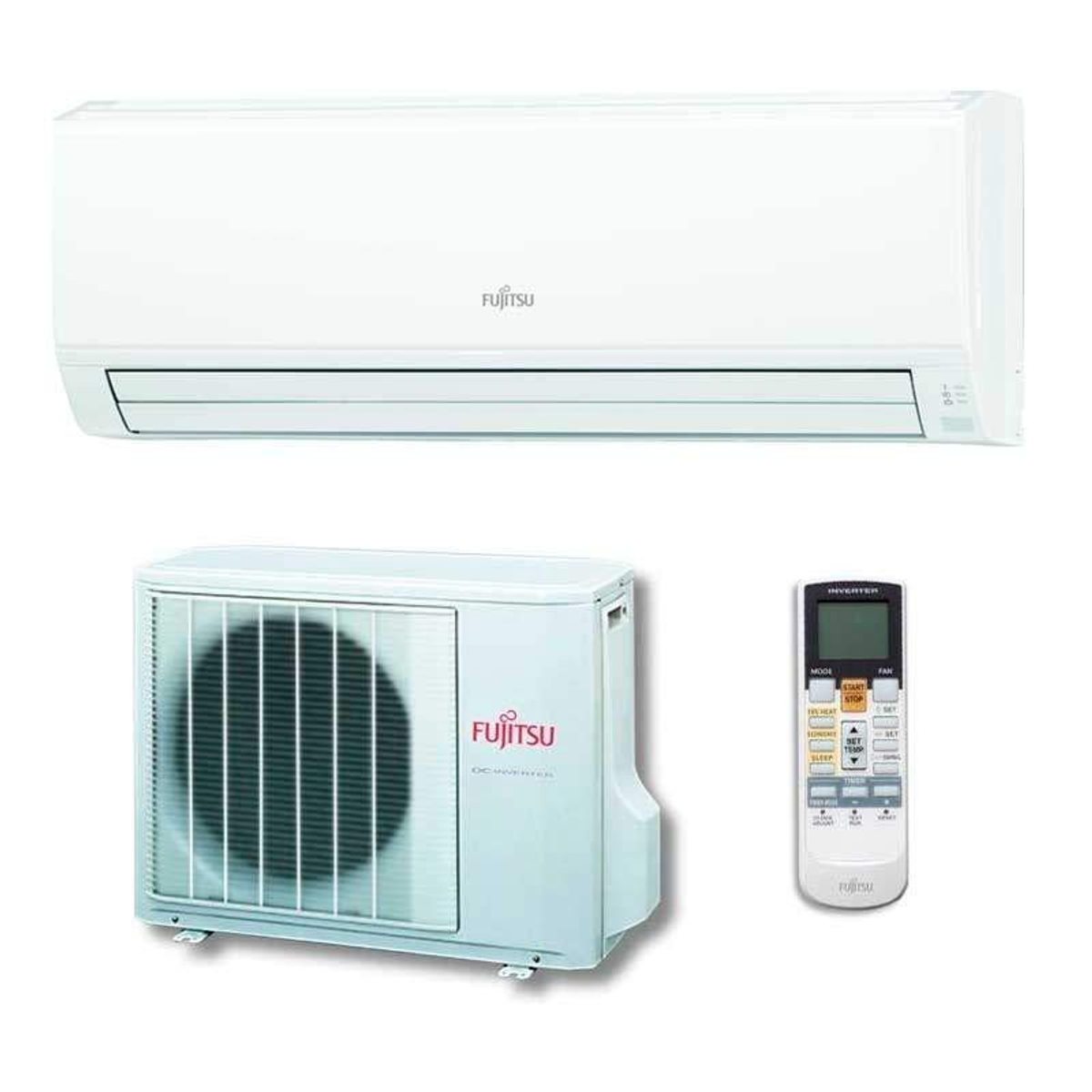 Unidades de aire acondicionado Fujitsu, una interior y otra exterior, con un mando.