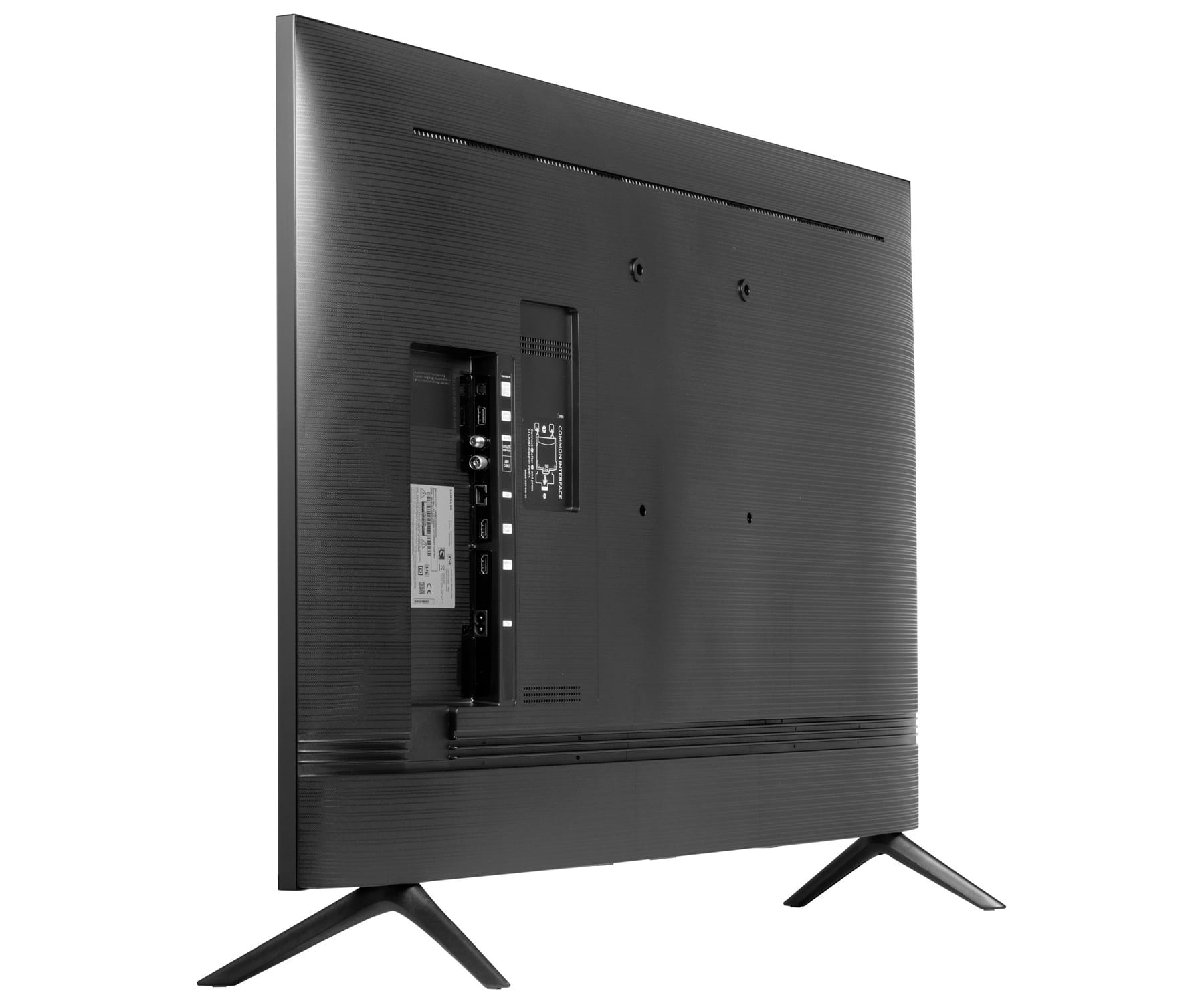 TV Samsung nero, vista posteriore, mostra porte e supporto.