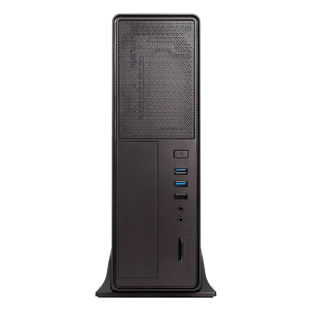 Ein schwarzer Computer-Tower mit Strom- und USB-Anschlüssen auf der Vorderseite.