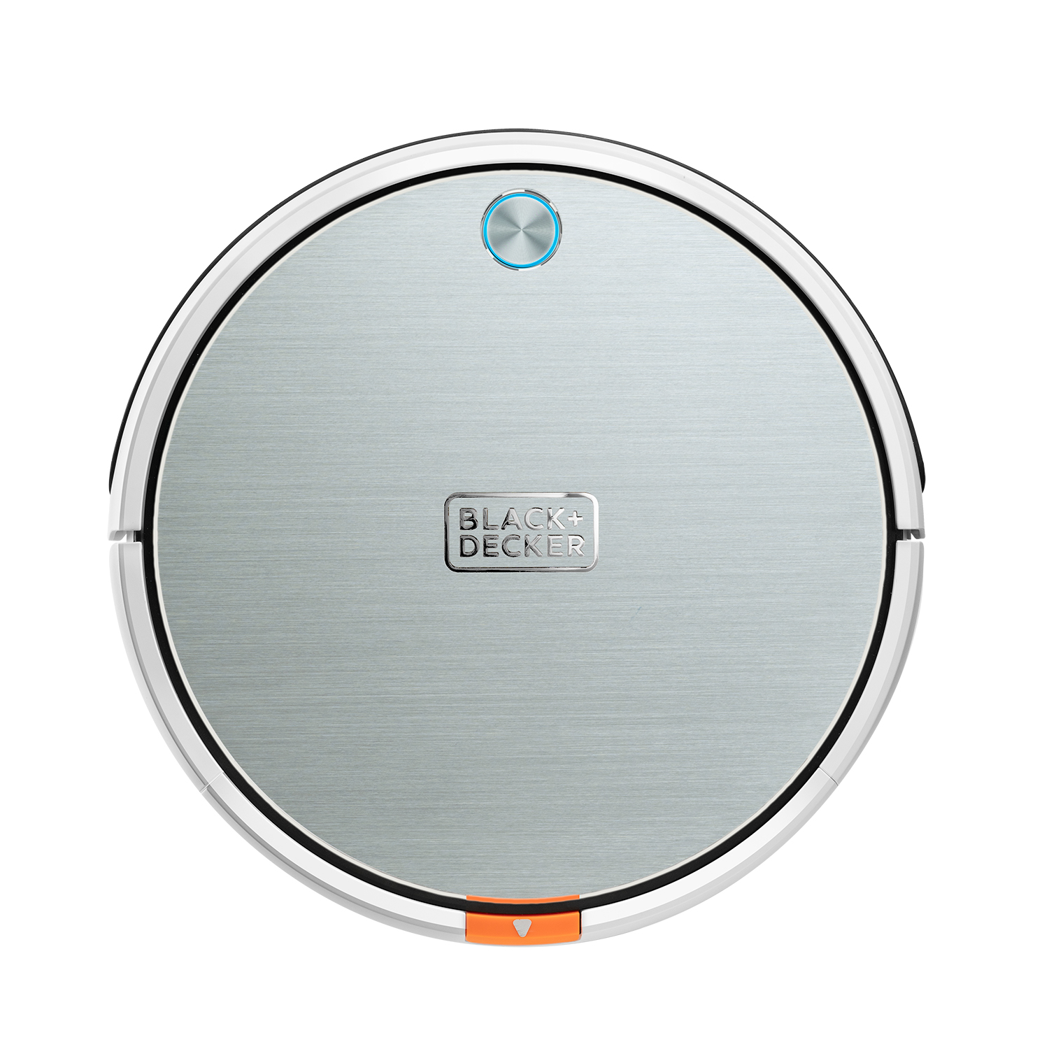 Srebrno-biały okrągły odkurzacz robot, z logo Black+Decker.