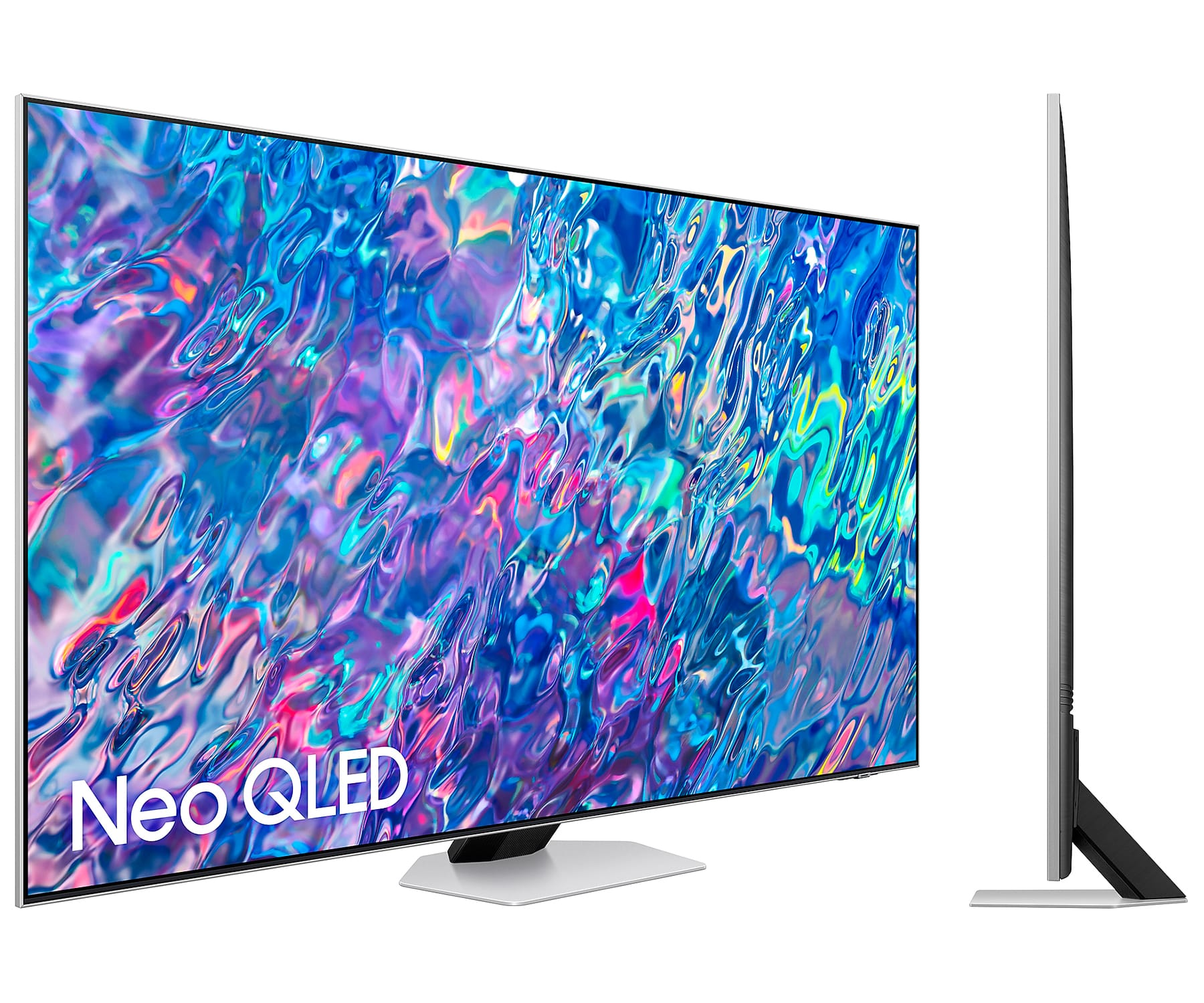 Nowoczesny telewizor Samsung Neo QLED, pokazujący ekran i widok z profilu.