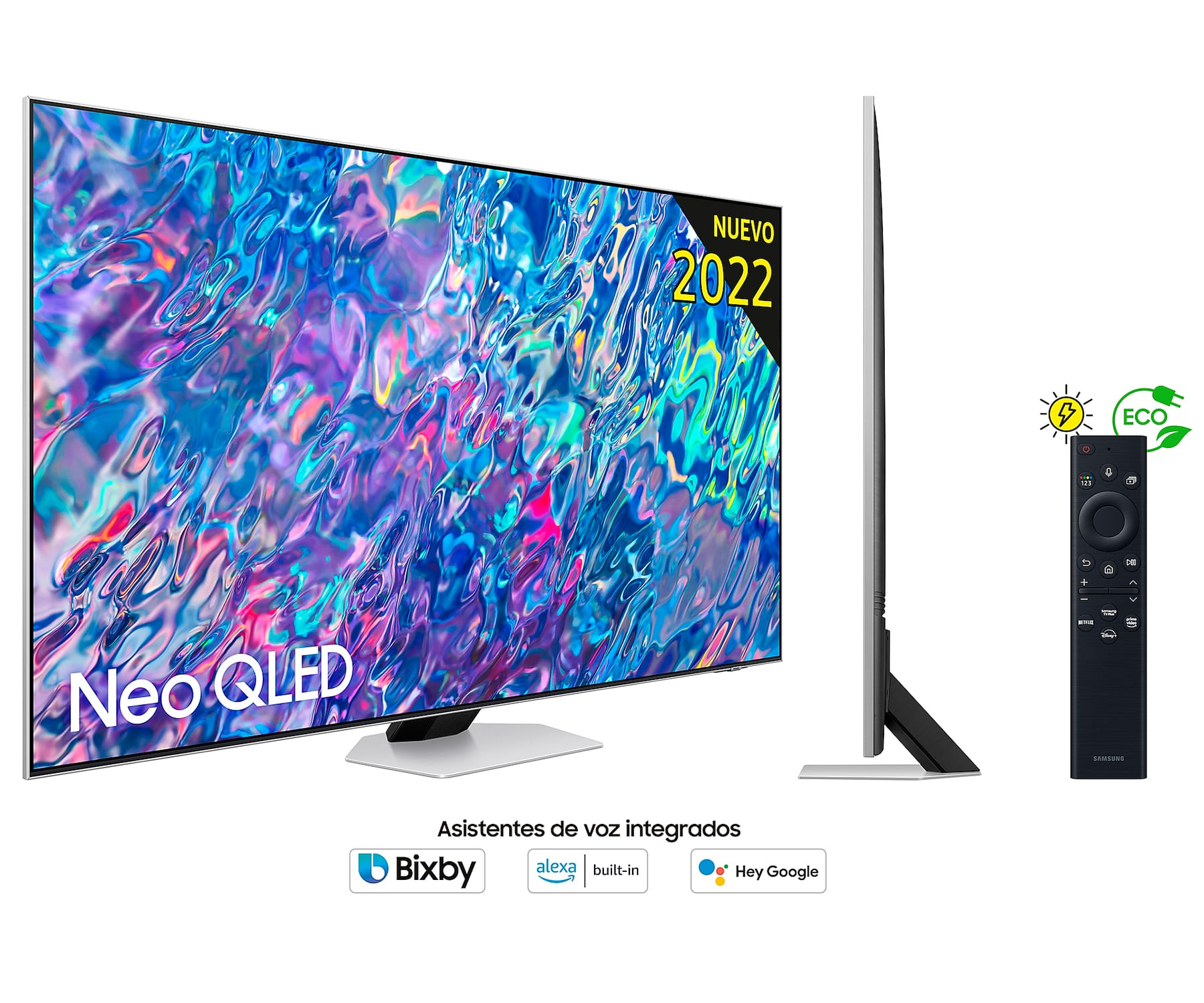 Telewizor Samsung Neo QLED z kolorowym ekranem. Widoczny pilot i logo eco.