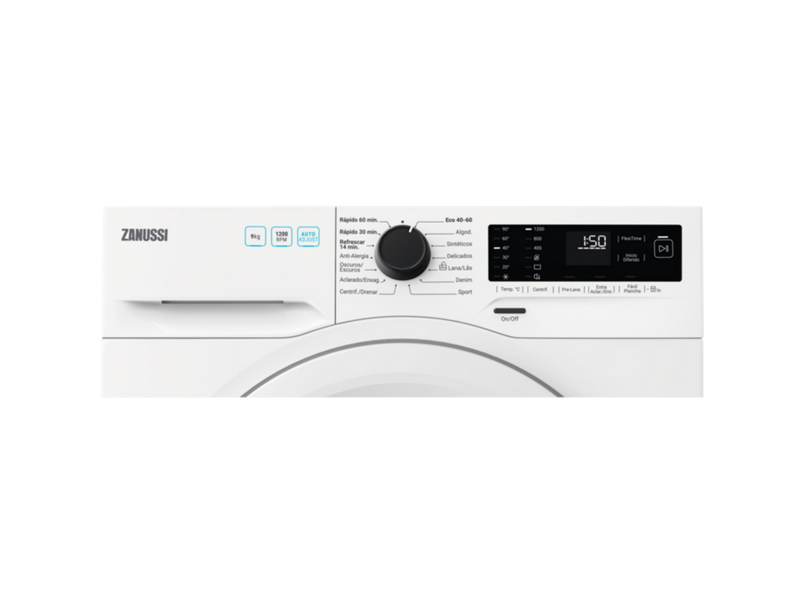 Primer plano del panel de control de una lavadora con varios ajustes.