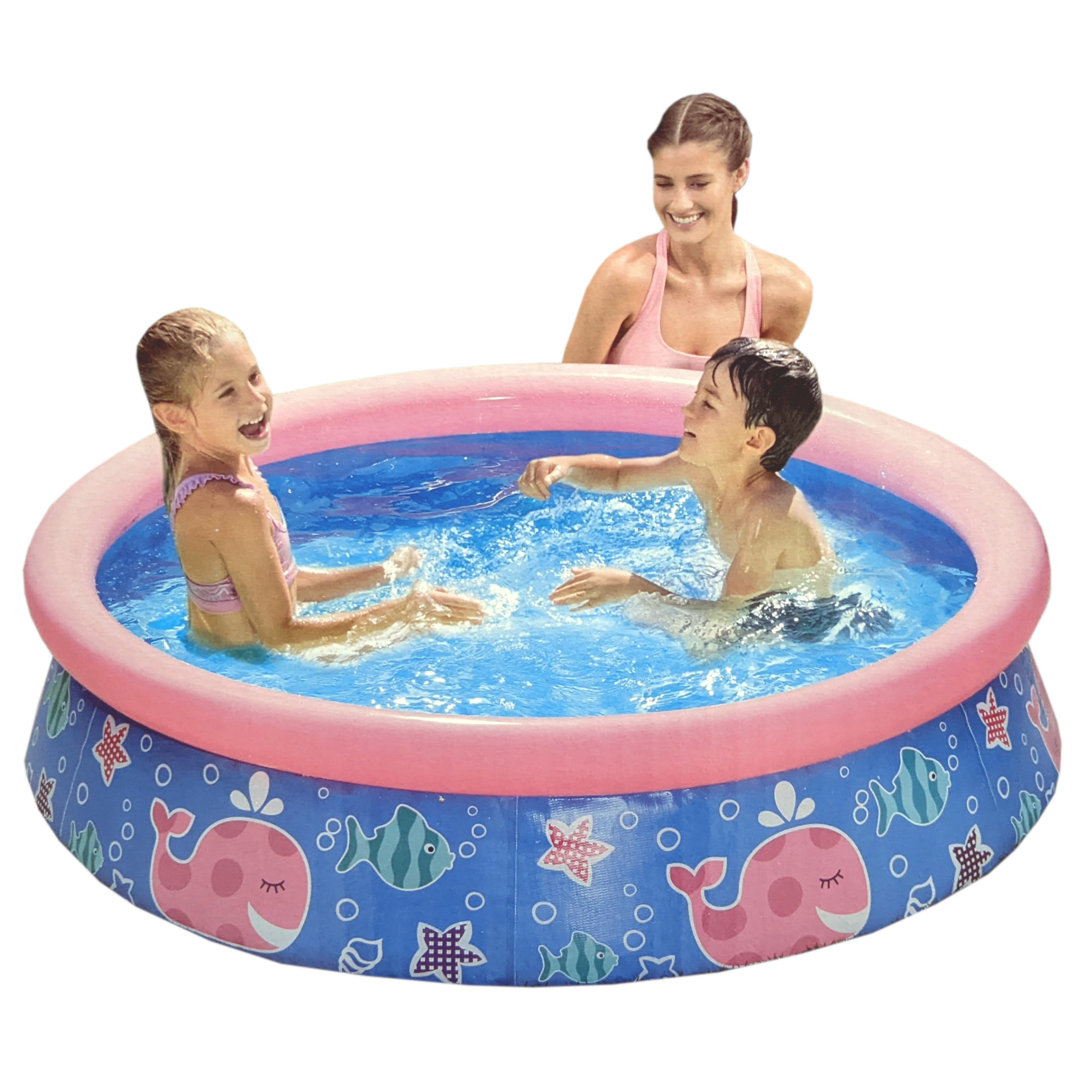 Zwei Kinder und eine Frau in einem rosa Planschbecken, spielen im Wasser und lächeln.