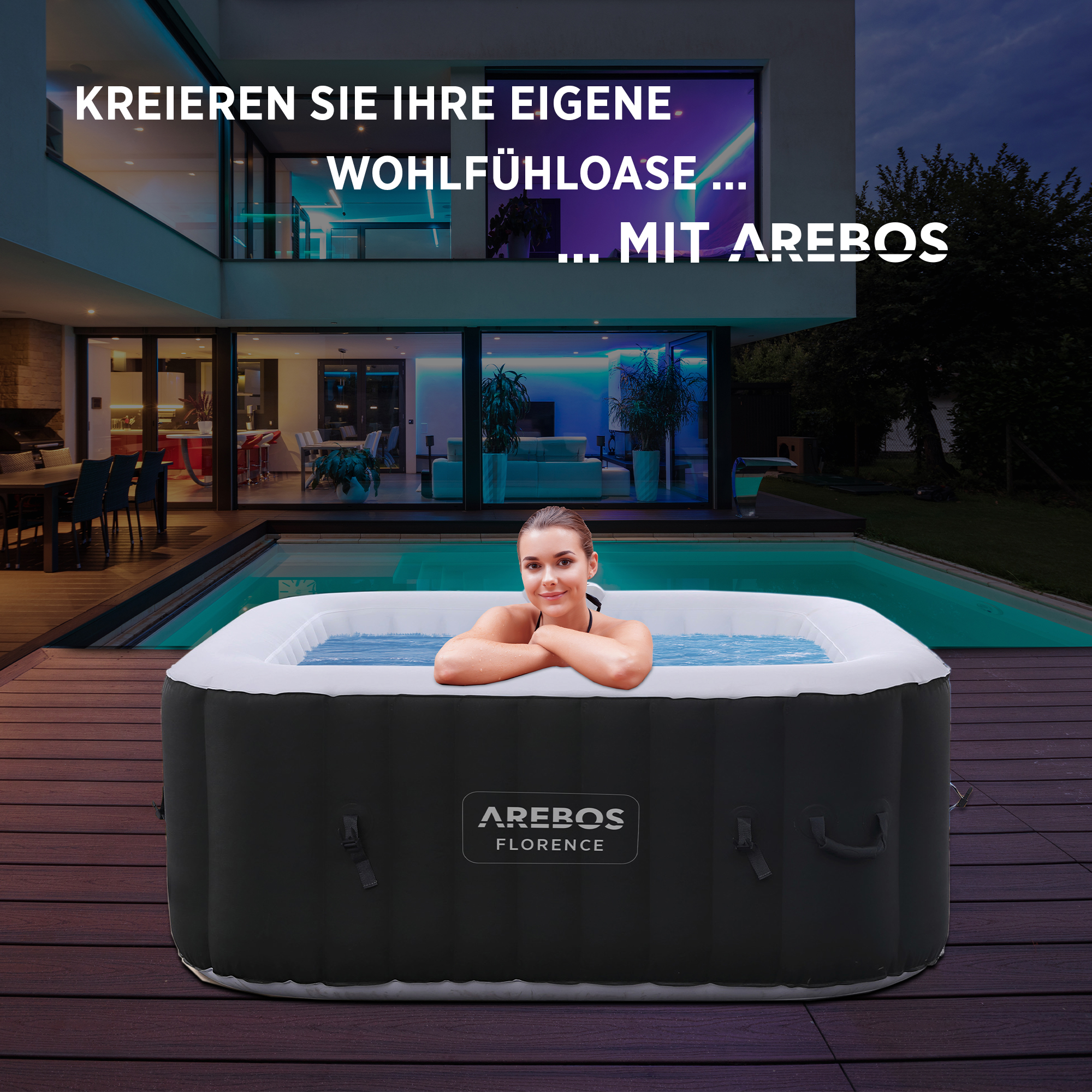 Frau im Whirlpool im Freien, Nacht, mit Haus und Pool im Hintergrund.