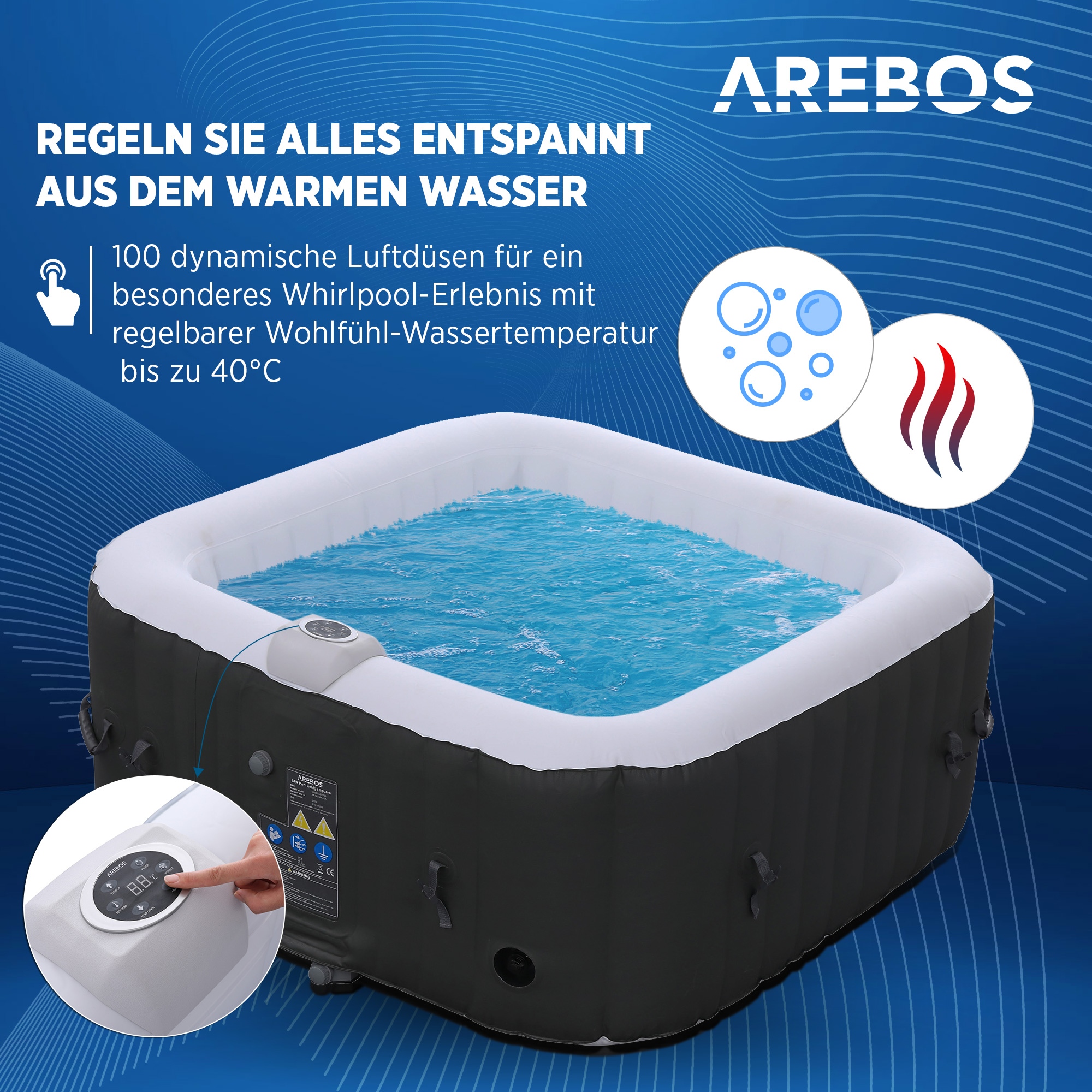 Aufblasbarer Whirlpool mit Wasser, Blasen und Bedienfeld.