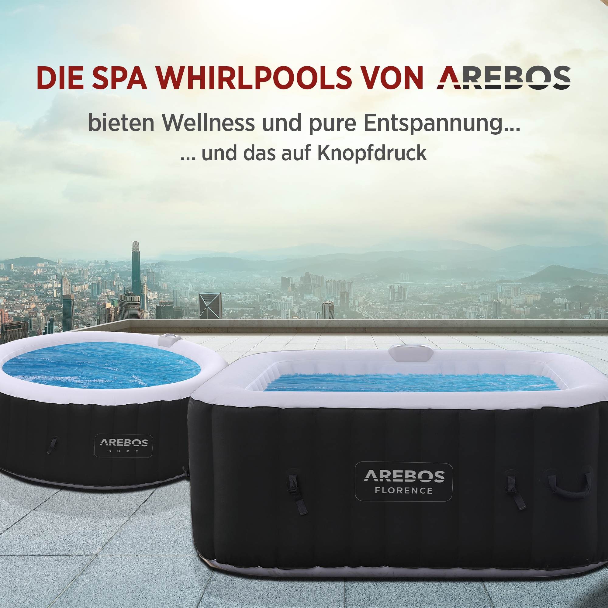 Zwei aufblasbare Whirlpools auf einem Dach mit Blick auf eine Stadtlandschaft, mit Text auf Deutsch.