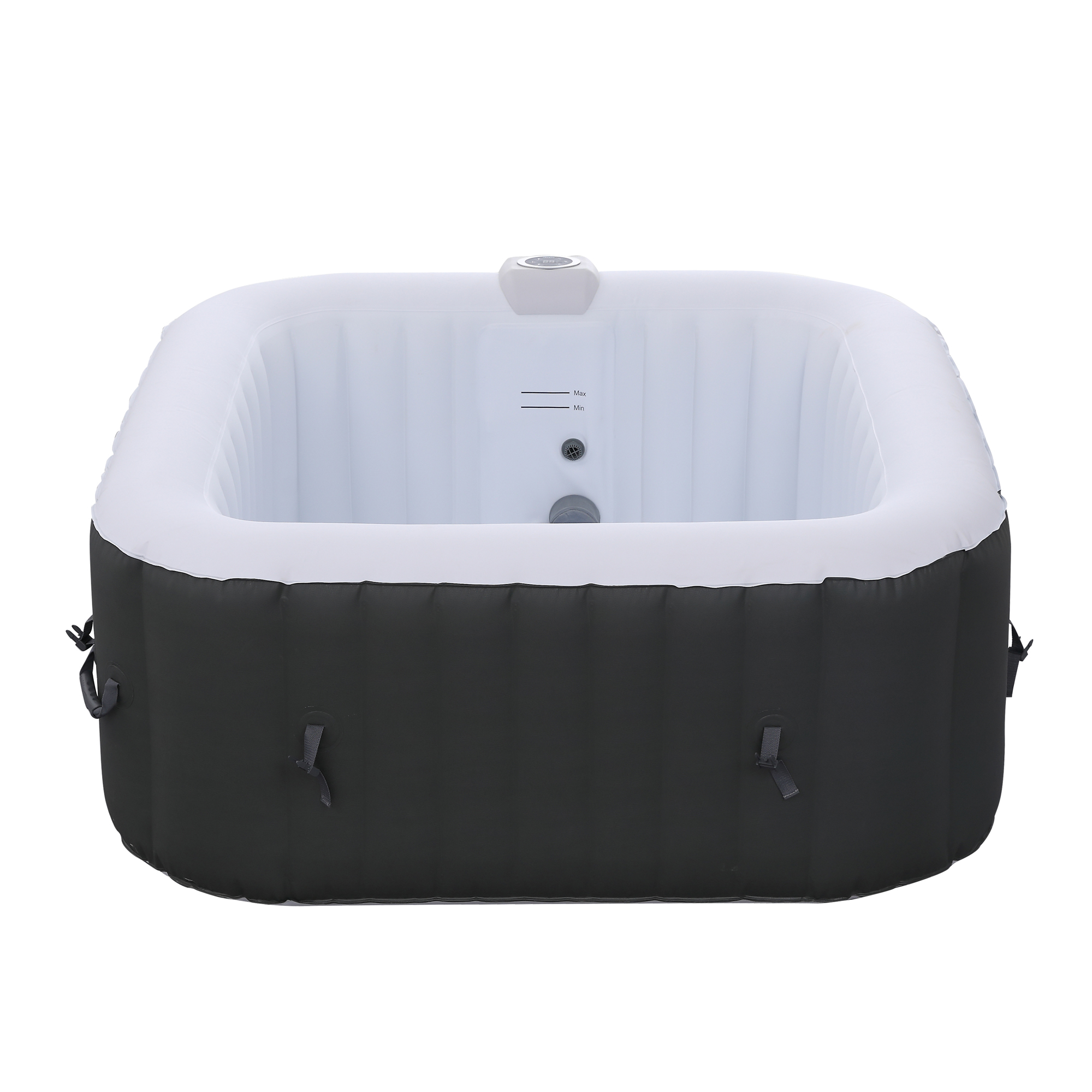 Ein quadratischer aufblasbarer Whirlpool, schwarze Basis und weißes Innere, mit Bedienfeld oben.