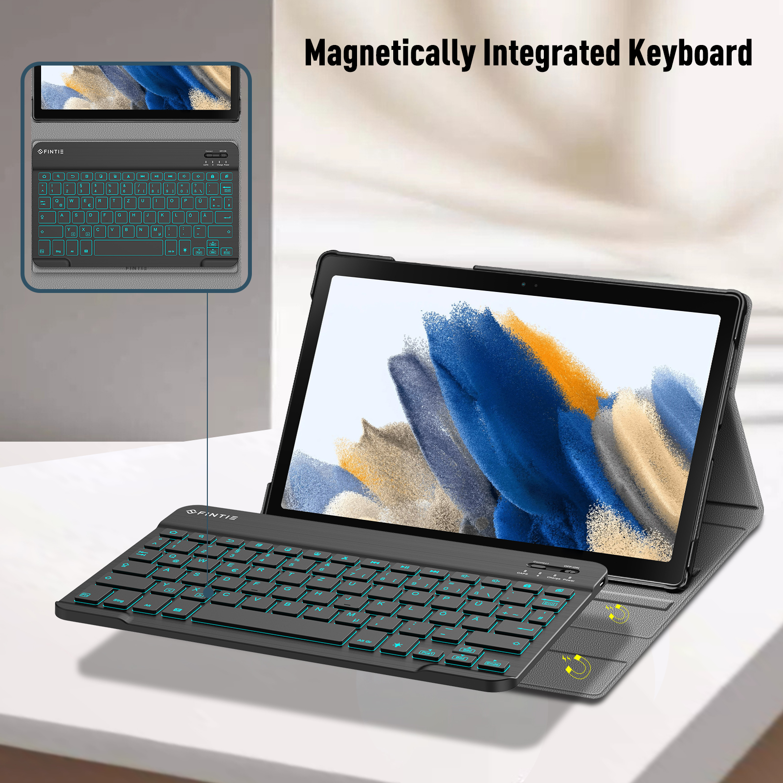 Tablet mit befestigter magnetischer Tastatur. Die Tastatur ist schwarz mit blauem Licht.