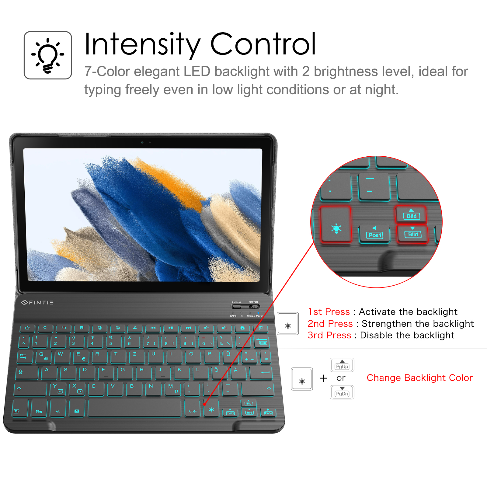 Tablet-Tastatur mit Hintergrundbeleuchtungssteuerung, zeigt verschiedene Tastenkombinationen.